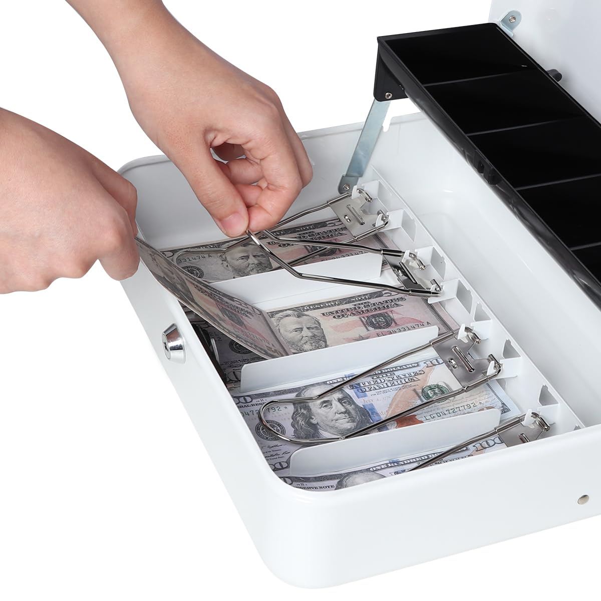 Secure White Cash Box with Money Tray & Key Lock - 11.8x9.5x3.5 Inch Large Money Organizer with Security Cable - Perfect for Retail Stores, Events, and Home Cash Management