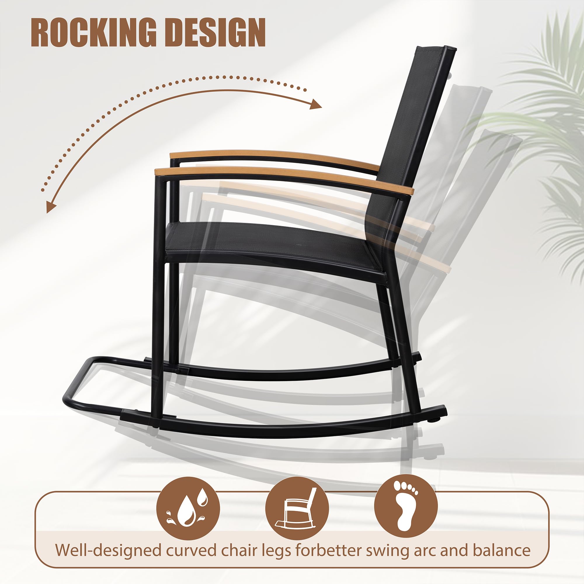 Shintenchi 3-Piece Outdoor Rocking Bistro Set - Textilene Fabric Patio Furniture with Table, 2 Rocking Chairs for Garden, Porch, Balcony, Poolside (Black) | Perfect for Relaxing, Entertaining & Outdoor Dining