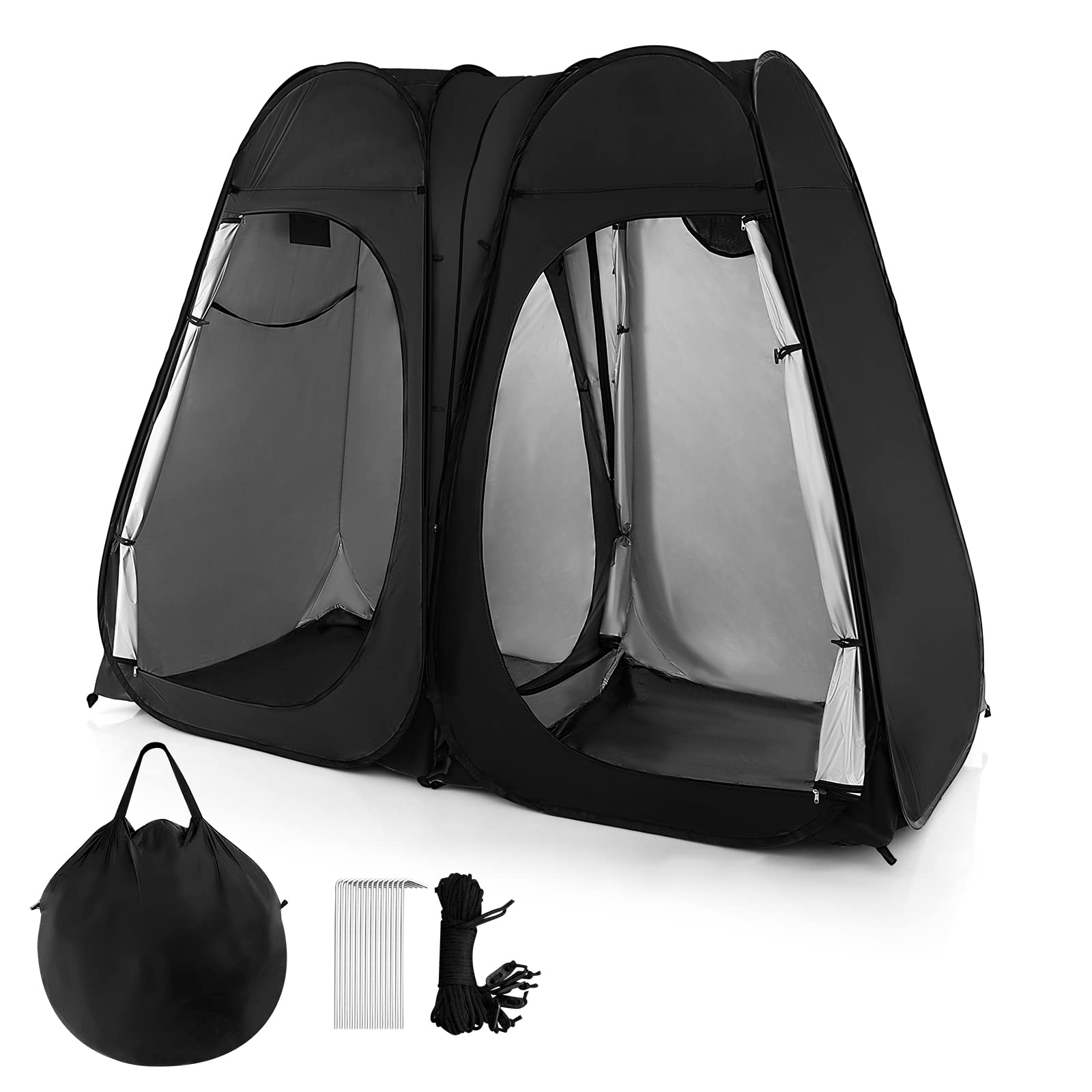 Goplus 7.5FT Pop Up Shower Tent - Portable 2 Room Privacy Changing Tent with Window, Hanging Clothesline & Carry Bag for Camping, Beach, Outdoor Shower, Festival and Travel - Includes Ground Stakes & Wind Ropes