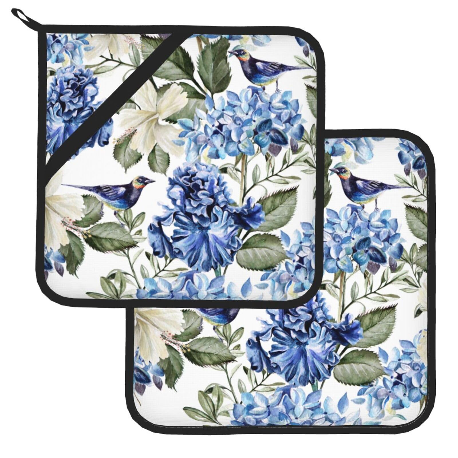 Blue Hydrangea Flowers Bird Pot Holders Set of 2, Heat Resistant Square Oven Mitts for Kitchen, Cooking, Baking, BBQ, and Everyday Use