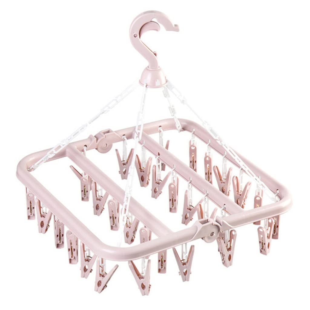32 Clip Foldable Clothes Drying Rack - Multi-Functional Laundry Hanger for Socks, Underwear & Baby Clothes | Space-Saving Pink Clothes Dryer for Apartments, Dorms & Travel