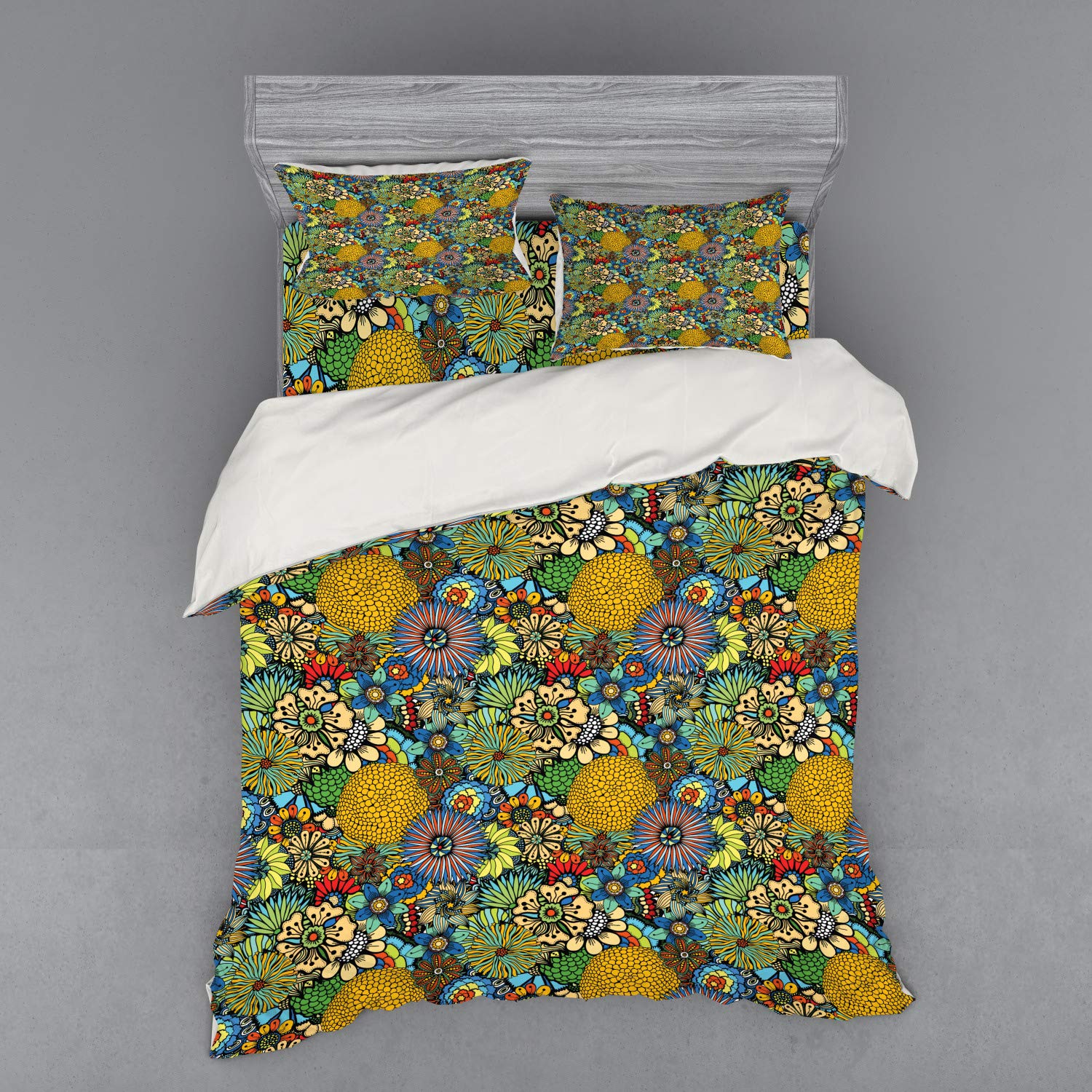 Ambesonne Garden Art Bedding Set - Whimsical Floral Doodle Pattern, 4-Piece Duvet Cover Set with Shams & Fitted Sheet, California King Size, Vibrant Multicolor | Perfect for Boho Bedroom Decor, Guest Room Makeover & Summer-Themed Home Styling