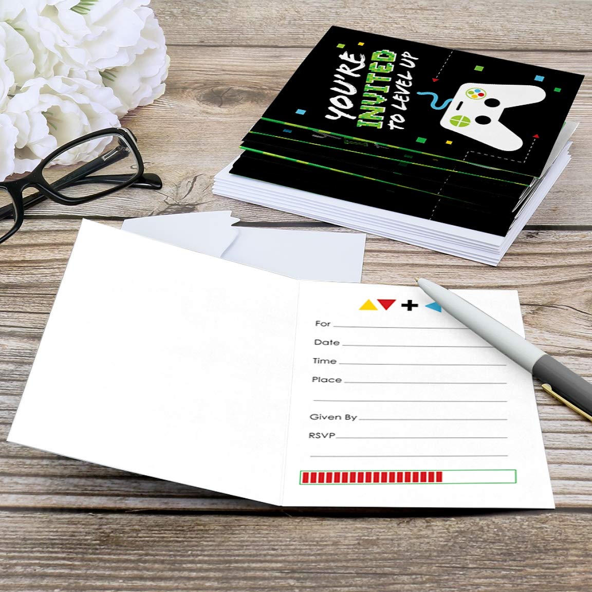 Big Dot of Happiness Game Zone - Fill In Pixel Video Game Party Invitations (8 Count) - Perfect for Birthday Parties, Gaming Events, and Themed Celebrations