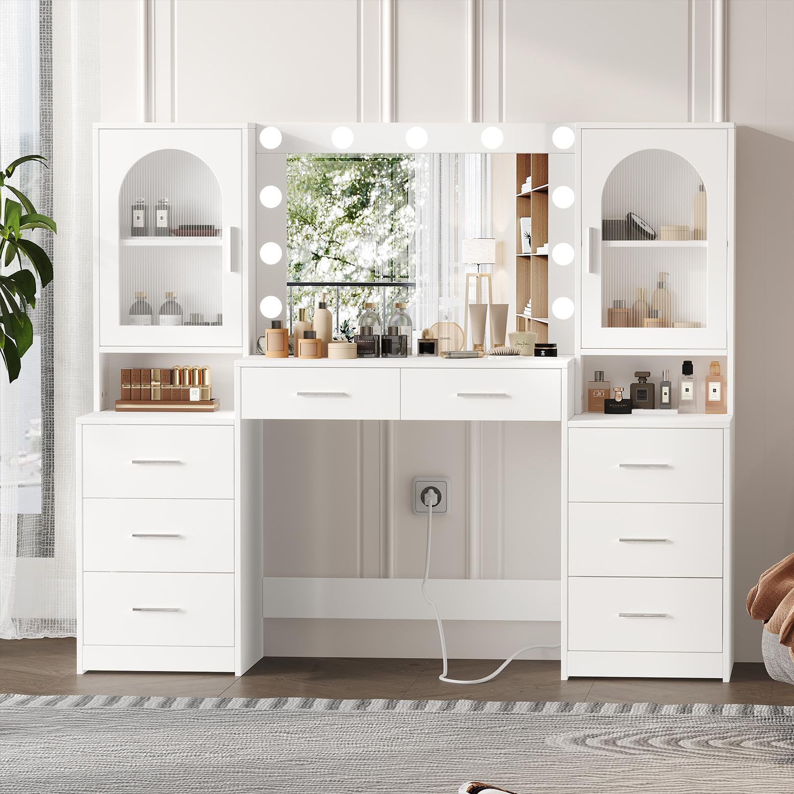 Rovaurx 61.9 Inch White Vanity Desk with LED Mirror & Charging Station - Large Makeup Dressing Table with 8 Drawers, Side Cabinet & 3 Light Modes - Perfect for Bedroom, Dressing Room & Beauty Salon Organization