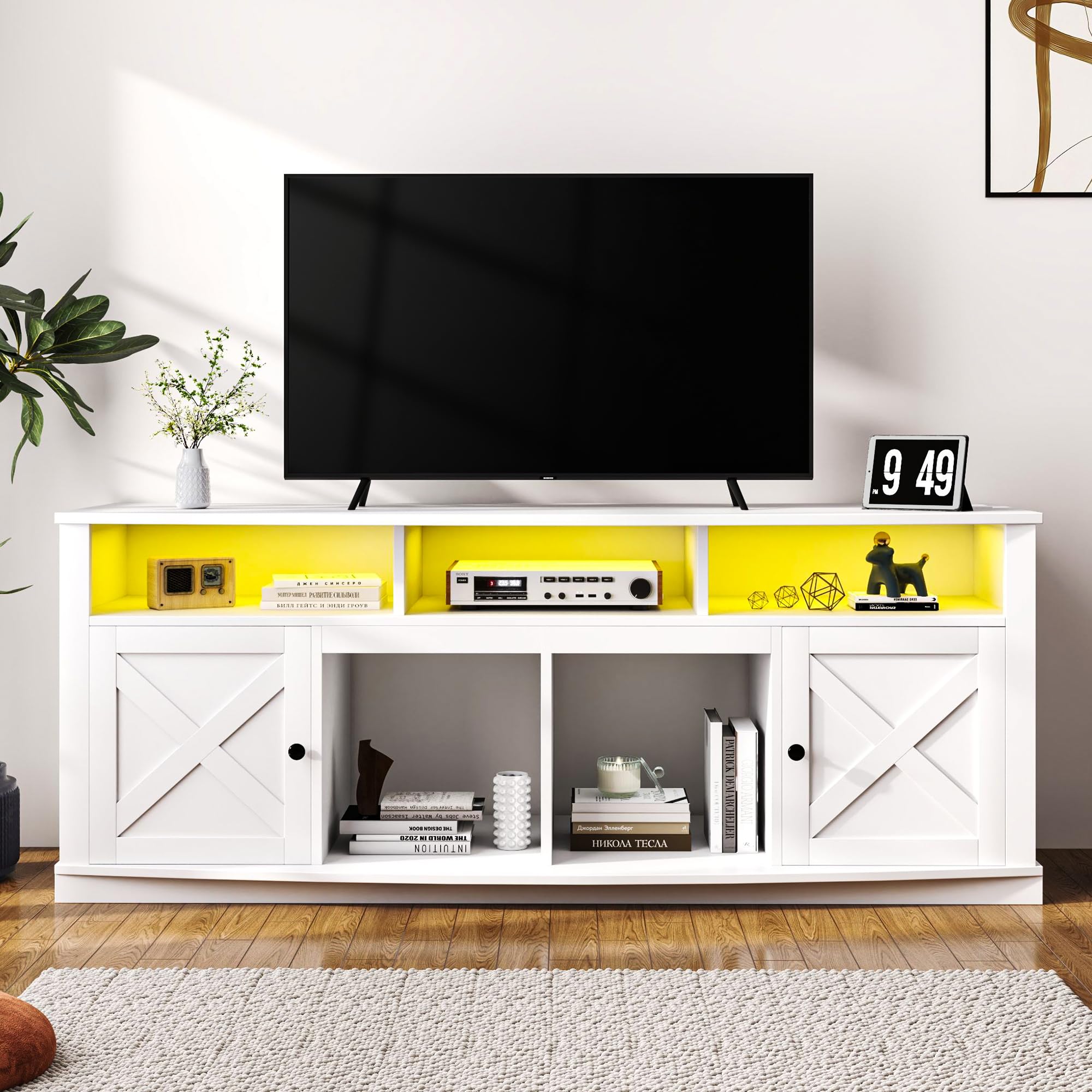 75/80 Inch TV Stand with LED Lights & Power Outlet - Modern Entertainment Center with Barn Doors, White - Perfect for Living Room Home Theater Setup & Media Storage