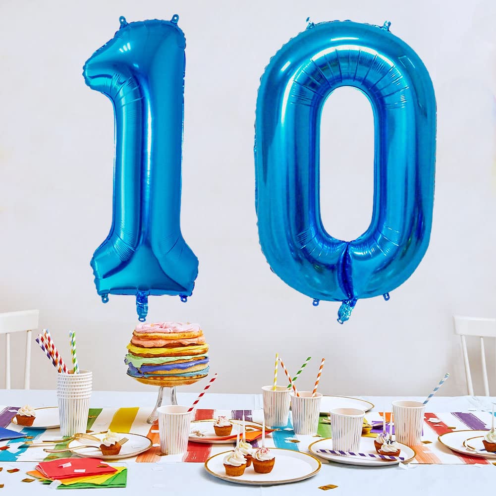 32 Inch Blue Number 10 Balloons for 10th Birthday Party Decorations - 2 Pack Foil Balloons with Self-Sealing Valve - Perfect for Boys & Girls Birthday, Anniversary & Graduation Celebrations