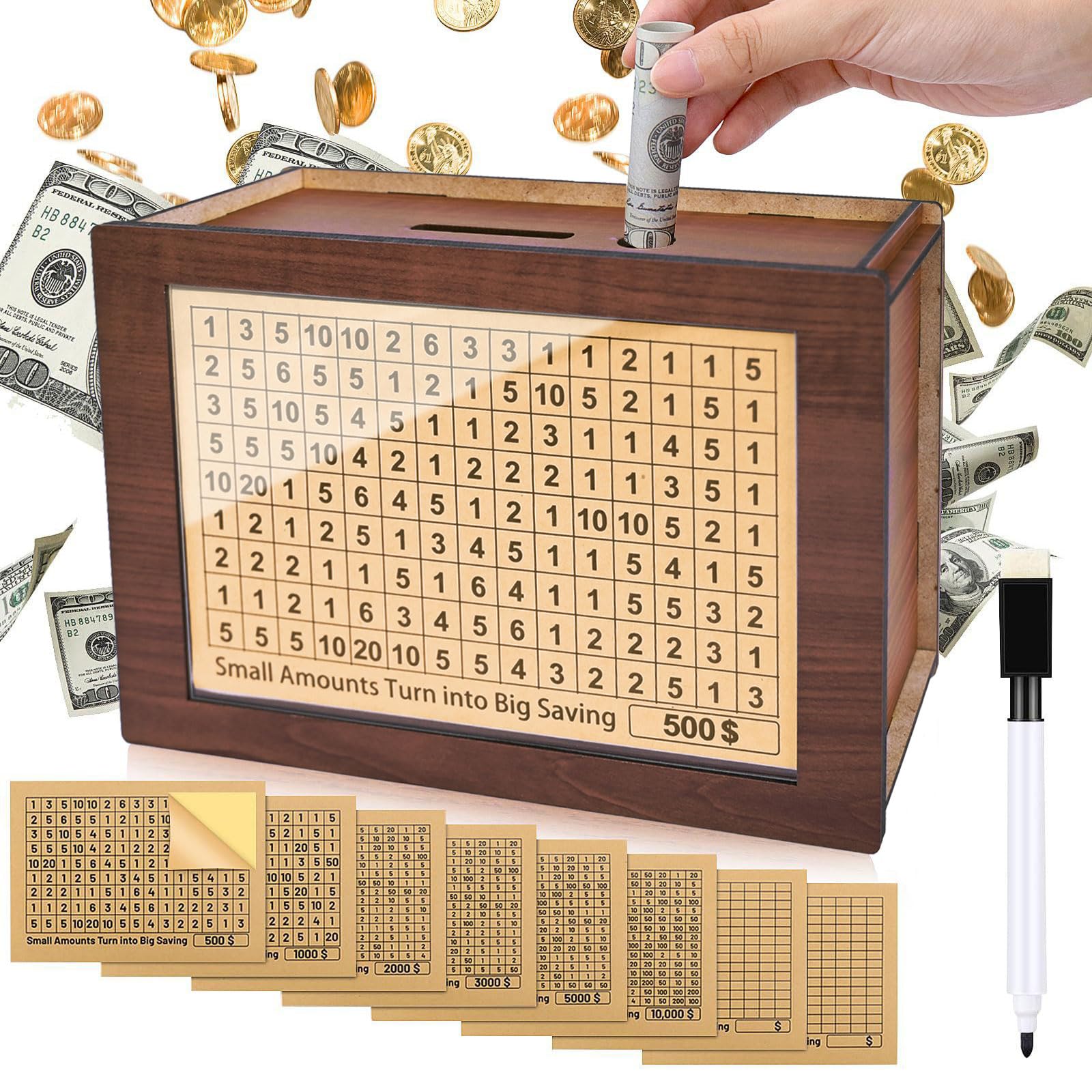 Wooden Cash Vault Savings Box - Reusable Money Saver with 8 Saving Goals ($10,000, $5,000, $3,000, $2,000, $1,000, $500) for Kids & Adults - Perfect for Budgeting, Emergency Funds & Financial Goal Tracking