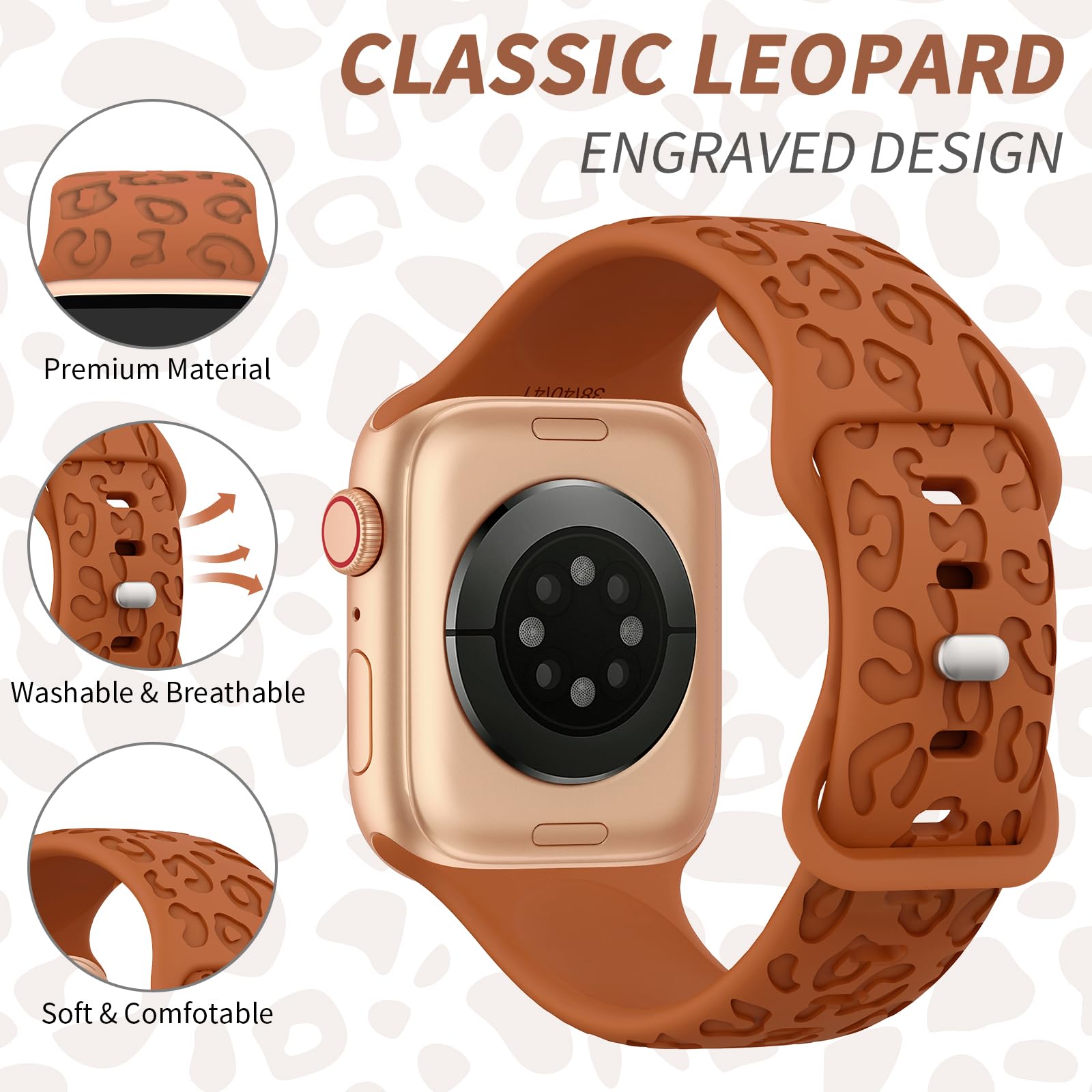 Leopard Print Engraved Apple Watch Band 38mm 40mm 41mm - Sport Replacement Strap Compatible with iWatch Series Ultra 2/9/8/7/6/5/4/3/2/1 & SE - Stylish Unisex Wristband for Gym, Work & Everyday Wear