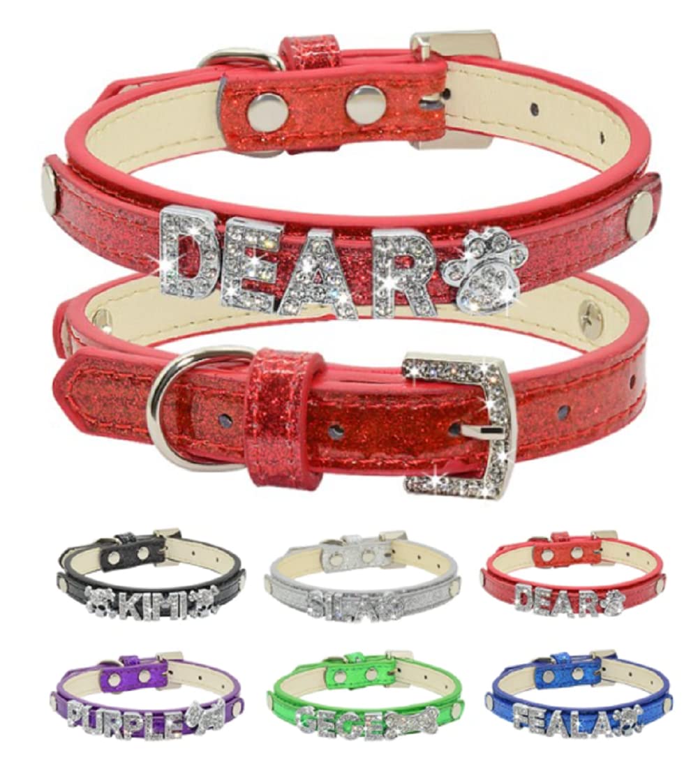 Custom Rhinestone Name Dog Collar with Diamond Charms - Adjustable Leather Pet Collar for Small Medium Large Dogs (X-Small, Black) - Perfect for Puppy Training, Daily Walks & Special Occasions