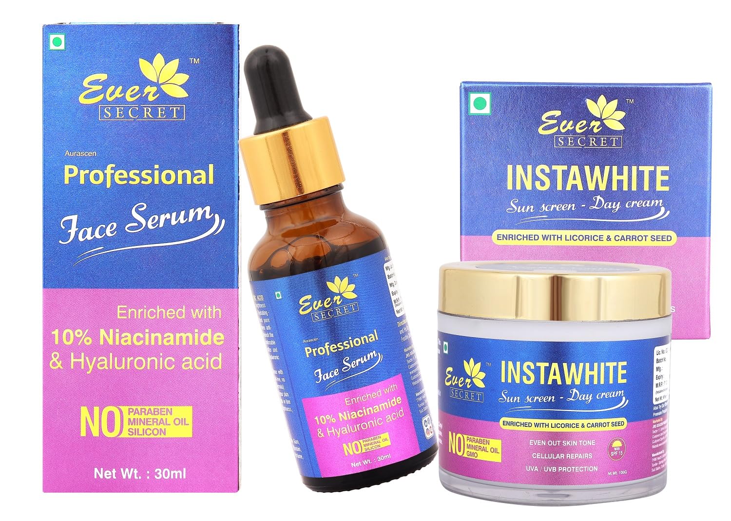 Ever Secret 10% Niacinamide Face Serum for Clear & Radiant Skin | Sunscreen Day Cream with UVA/UVB Protection | Daily Skincare Routine for Acne-Prone & Sensitive Skin | Perfect for Morning Use Before Makeup