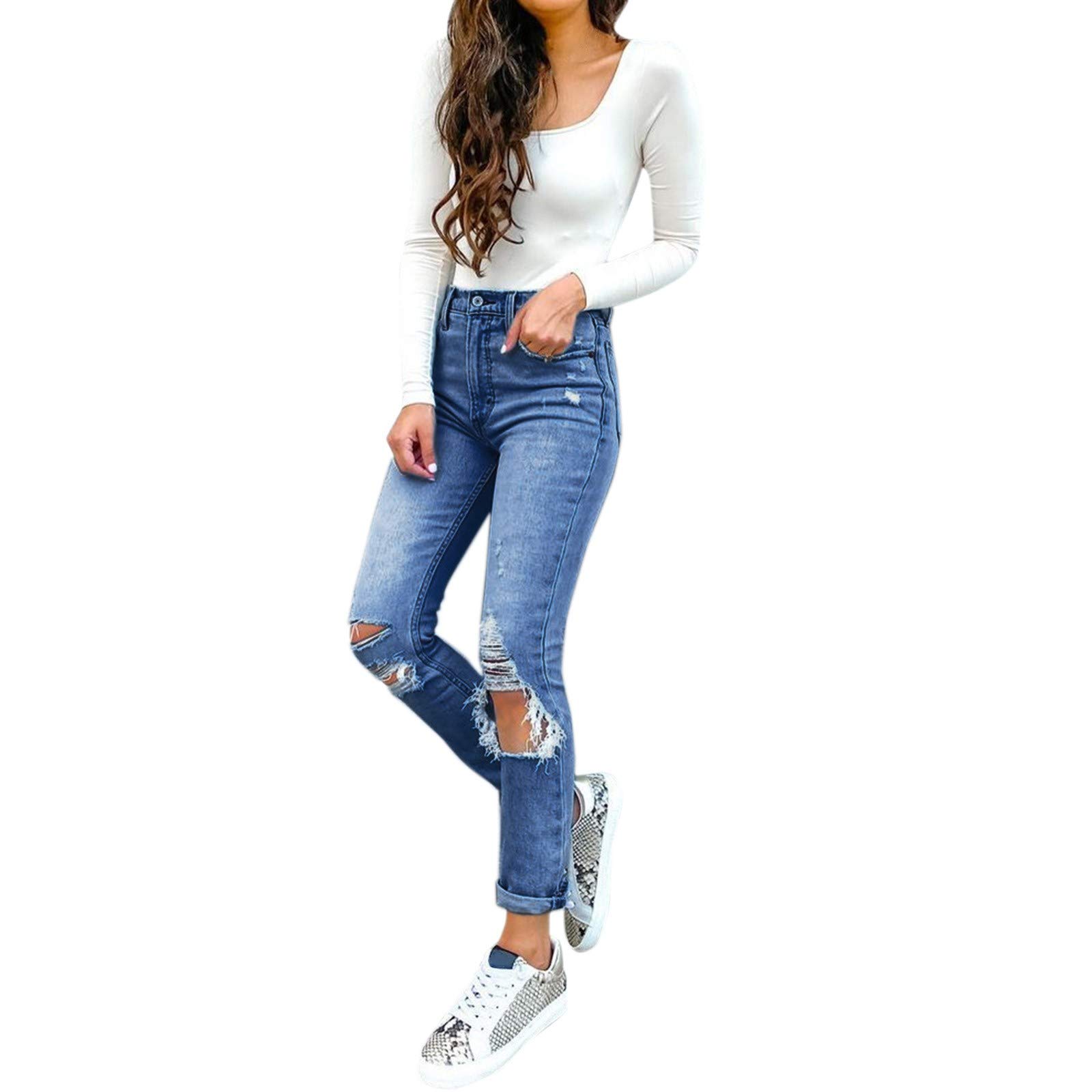 Women's High Waisted Curvy Skinny Jeans - Stretchy Ripped Denim Jeggings with Destroyed Details | Perfect for Casual Outfits, Date Nights & Street Style Fashion