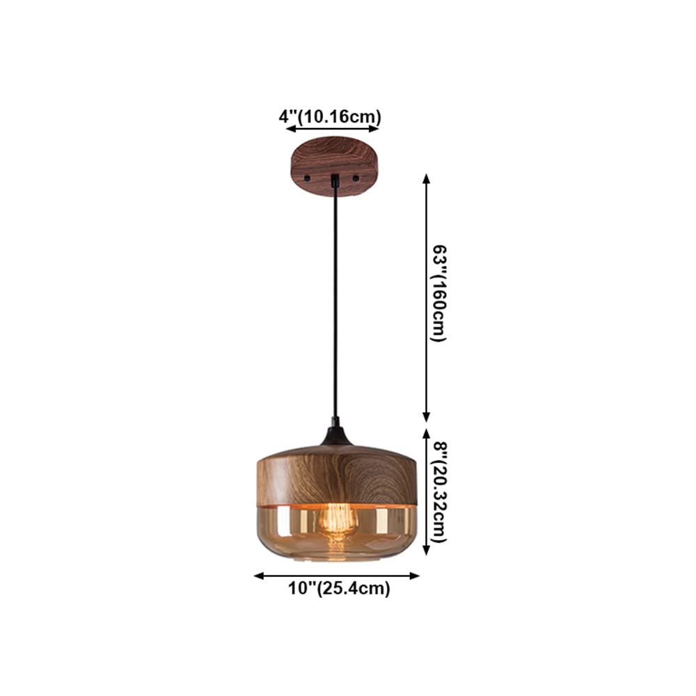 Nordic Walnut Wood Pendant Light with Geometric Glass Shade - 1-Light Cafe Suspension Lamp for Kitchen Island, Dining Room & Bar Ceiling (110V-120V) | Modern Drum Lighting Fixture for Home & Restaurant Decor