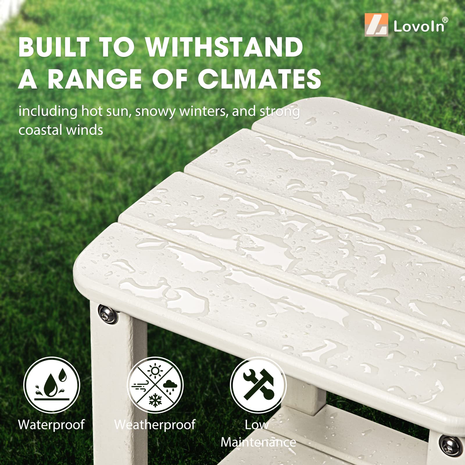 LovoIn Adirondack Outdoor Side Table - Weather Resistant HDPE Poly Lumber End Table for Patio, Poolside & Indoor Use - Low Maintenance Off-White Furniture for Relaxing in Your Garden or by the Pool