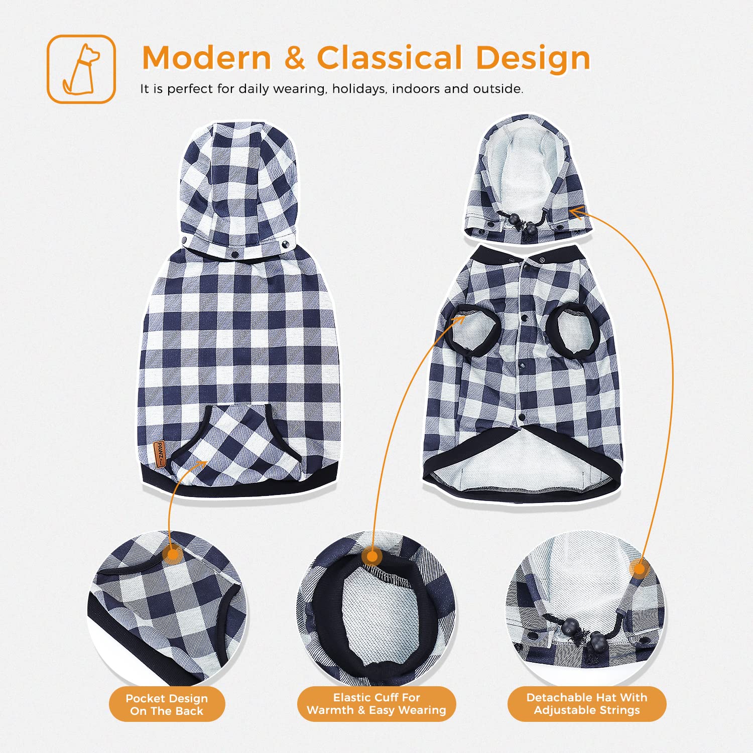 PAWZ Plaid Dog Sweater - British Style Windproof Pet Jacket for Small Medium Large Dogs | Winter Dog Coat for Outdoor Walking, Hiking & Cold Weather Protection (Gray, Small)