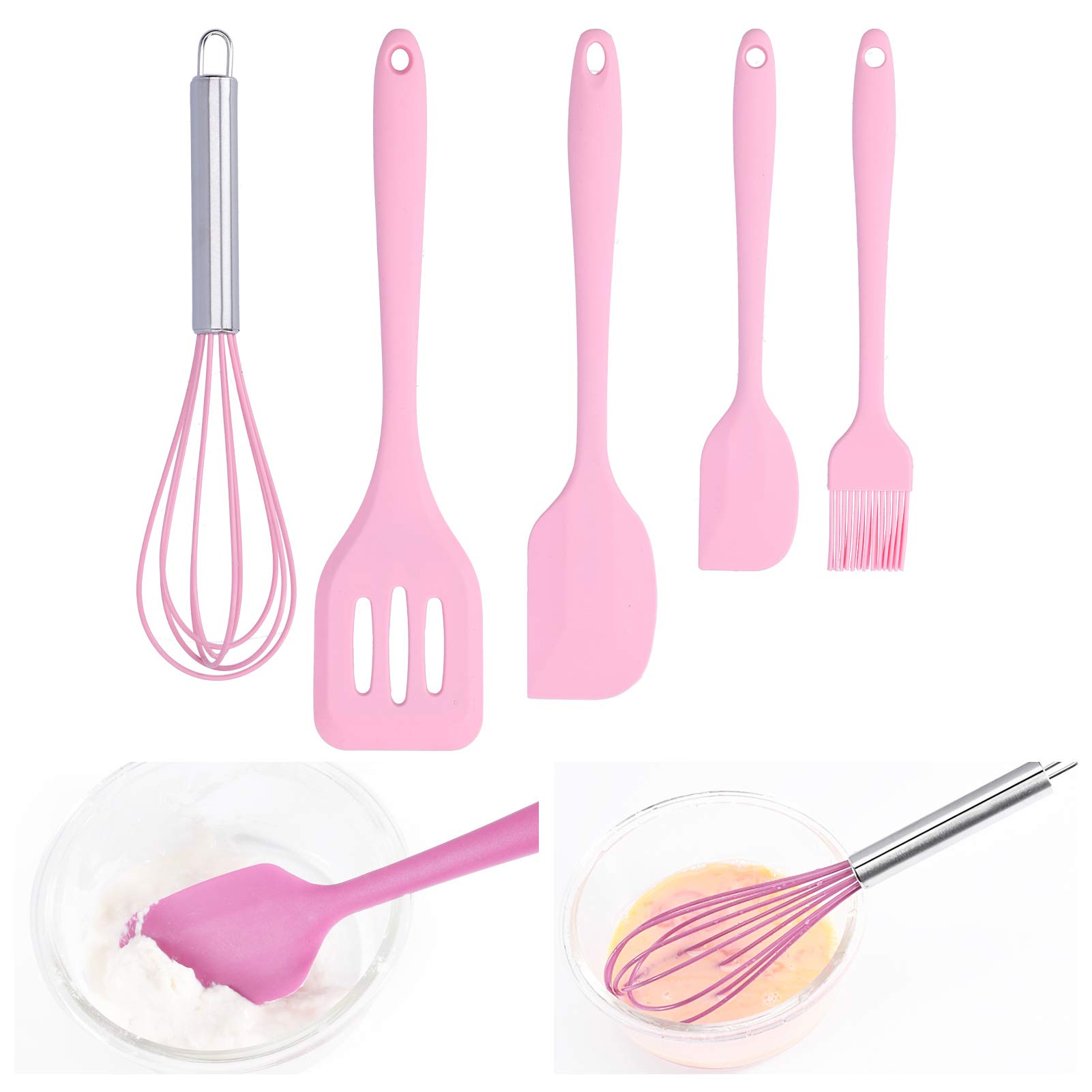 X Homsel 5-Piece Silicone Kitchen Utensil Set - Non-Stick Heat-Resistant Spatula, Baking Scraper & Egg Beater - BPA-Free Cooking Tools for Baking, Frying & Mixing (Pink) - Perfect for Home Chefs & Professional Kitchens