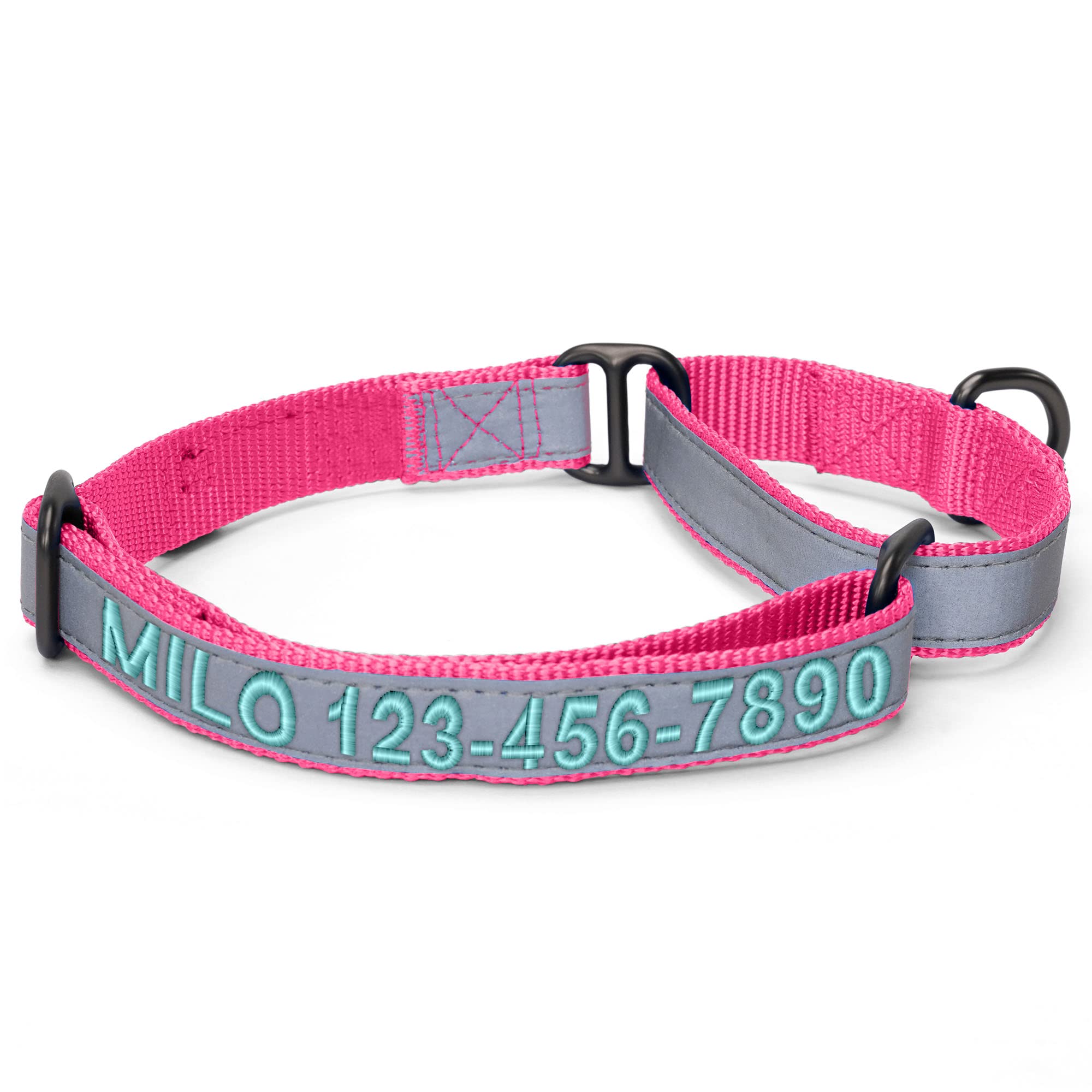 Custom Embroidered Reflective Martingale Dog Collar with Name & Phone Number - Adjustable Puppy Collar for Small Medium Large Dogs - Pink Pet Collar for Training, Walks & Nighttime Safety