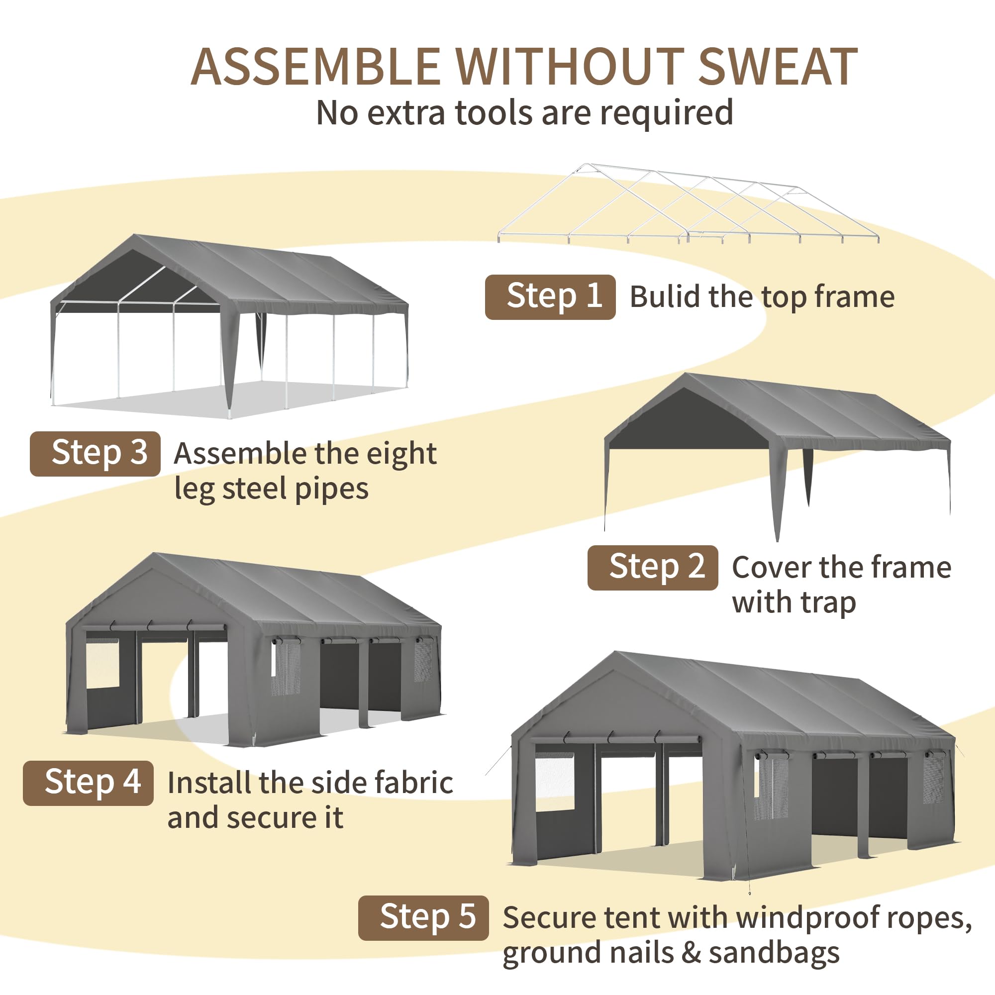 Heavy Duty 25x13 ft Steel Carport with 4 Roll-Up Doors & Windows - Extra Large Portable Outdoor Garage for Pickup Trucks, SUVs, Travel Trailers | Weatherproof Shelter for Camping, RV Storage & Vehicle Protection