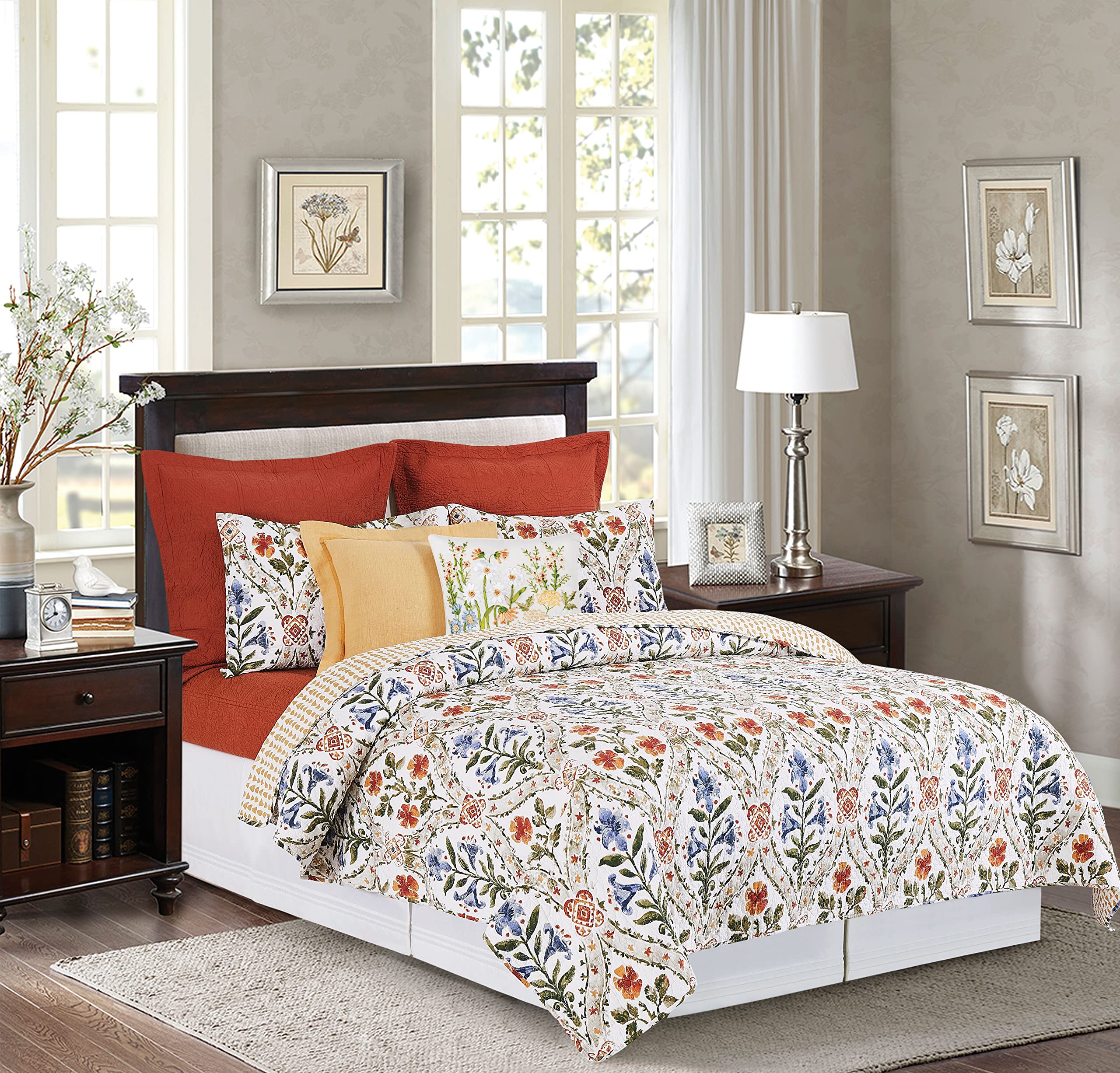 Victoria's Garden King Quilt Set - Floral Watercolor Reversible 3-Piece Bedspread Coverlet for All Seasons | Multicolor Luxury Bedding | Perfect for Master Bedrooms, Guest Rooms & Cozy Home Decor