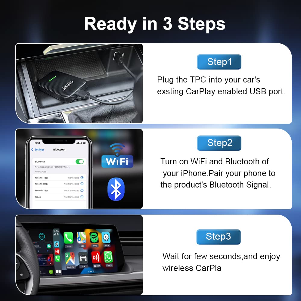 2024 Upgraded CarlinKit 3.0 Wireless CarPlay Adapter - Convert Wired to Wireless CarPlay for iPhone | Plug & Play | Compatible with 2016+ Cars & iOS 10+ | Perfect for Commuting, Road Trips & Hands-Free Driving