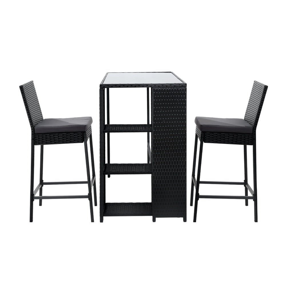 3-Piece Outdoor Bar Set - Patio Dining Chairs with Wicker Table & Stools for Backyard, Garden, Poolside or Deck Relaxation
