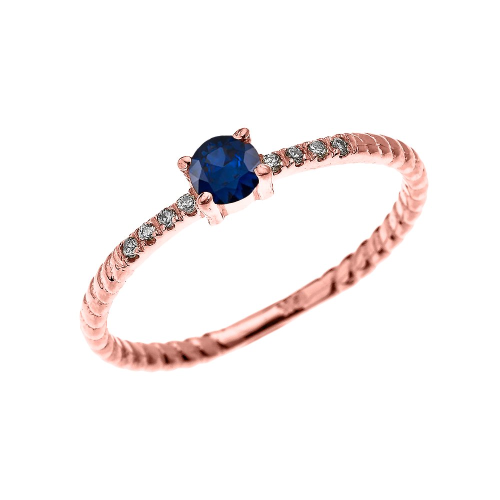14K Rose Gold Dainty Diamond & Solitaire Sapphire Rope Design Stackable Ring for Women - Elegant Proposal, Engagement, Anniversary Gift for Her - Perfect for Everyday Wear & Special Occasions