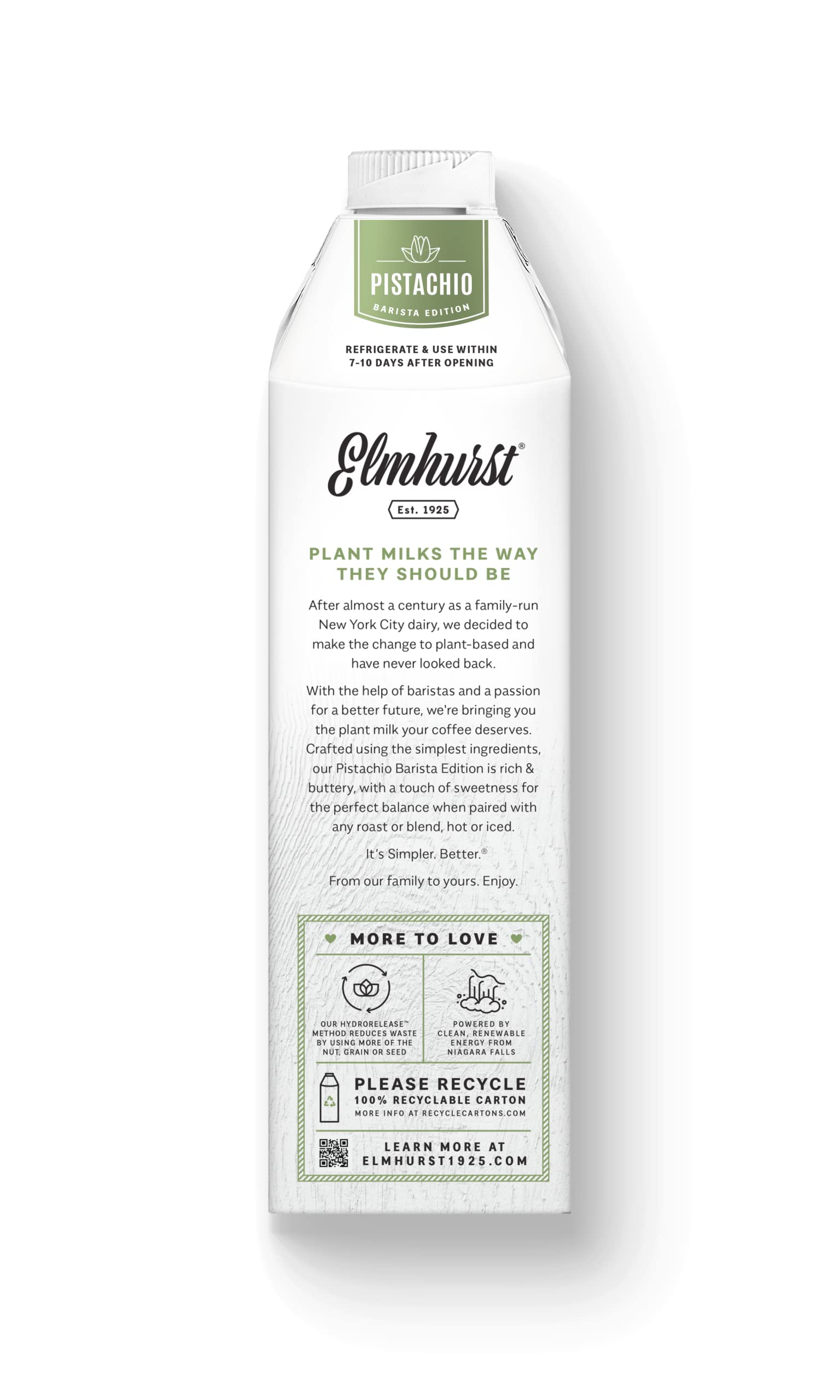 Elmhurst 1925 Barista Edition Pistachio Milk - 32oz (Pack of 6) | Vegan, Dairy-Free, Plant-Based Nut Milk | Perfect for Coffee, Smoothies & Baking