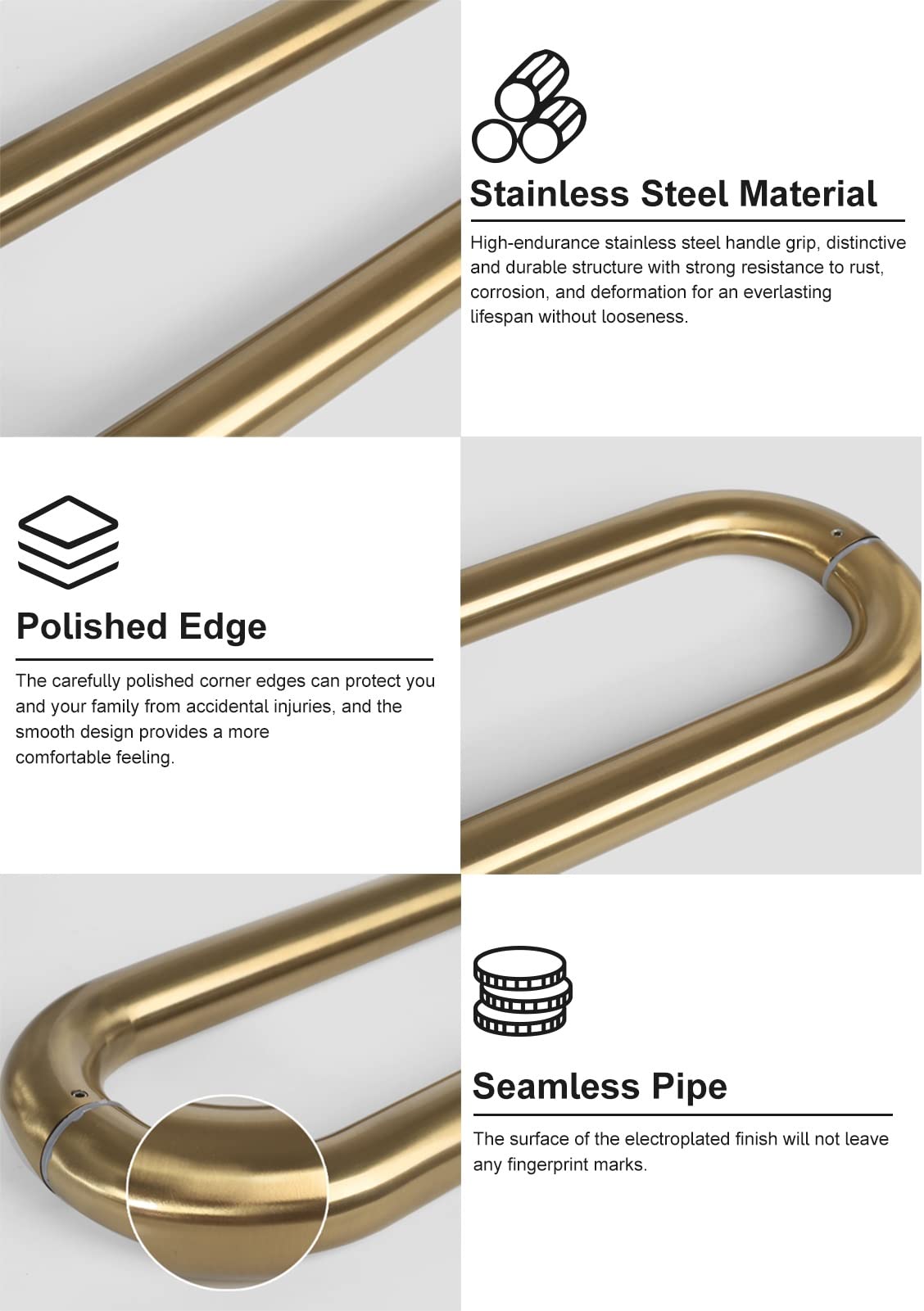 Stainless Steel Modern Round Barn Door Pull Handle Set - Heavy Duty Sliding Bar for Glass Doors (Gold, 16/24/32/47 Inch) - Perfect for Hotel Lobby, Hallway & Shower Room Doors