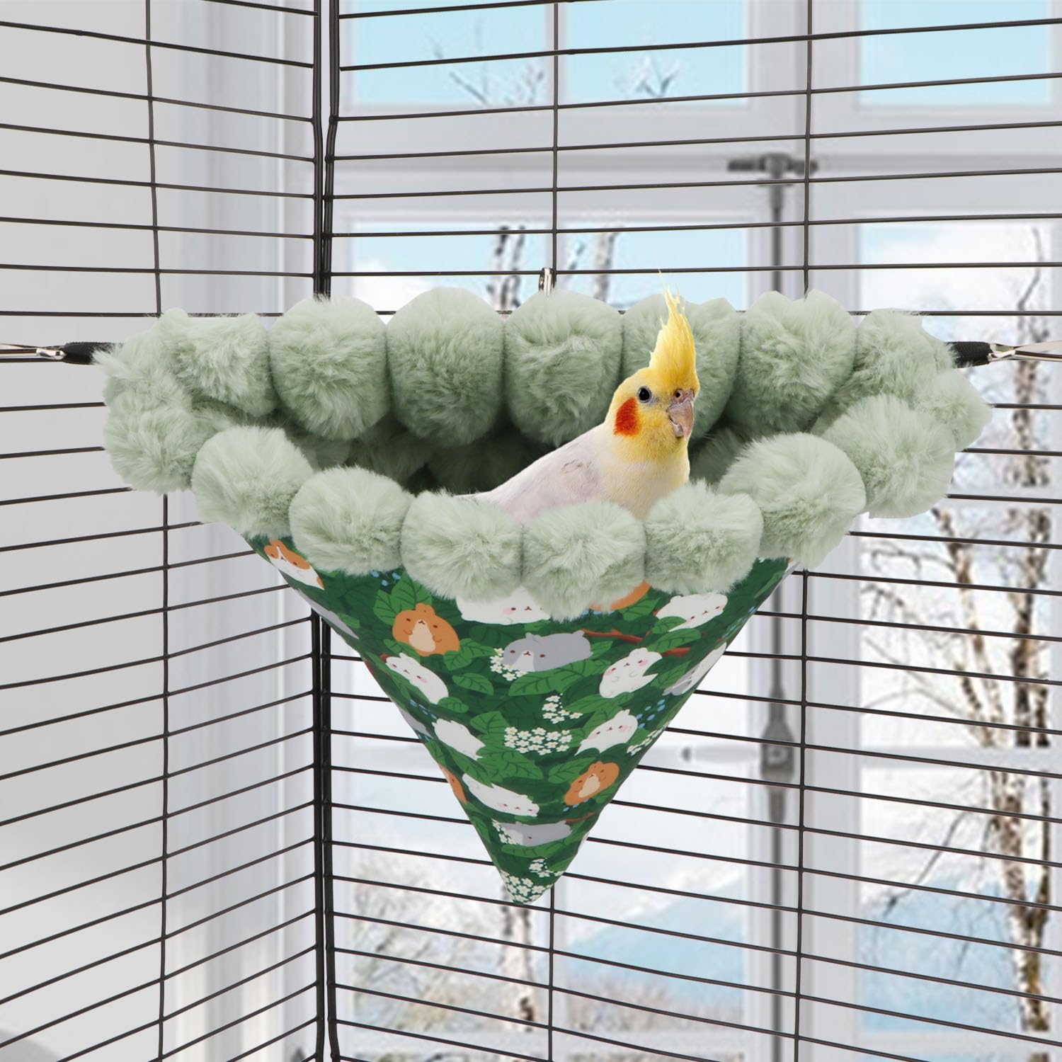 Wontee Warm Hanging Bird Nest House - Cozy Winter Hammock Bed for Parakeets, Budgies, Caiques, Conures & Cockatiels (Large, Green) - Perfect Indoor Bird Cage Accessory for Snuggling & Resting