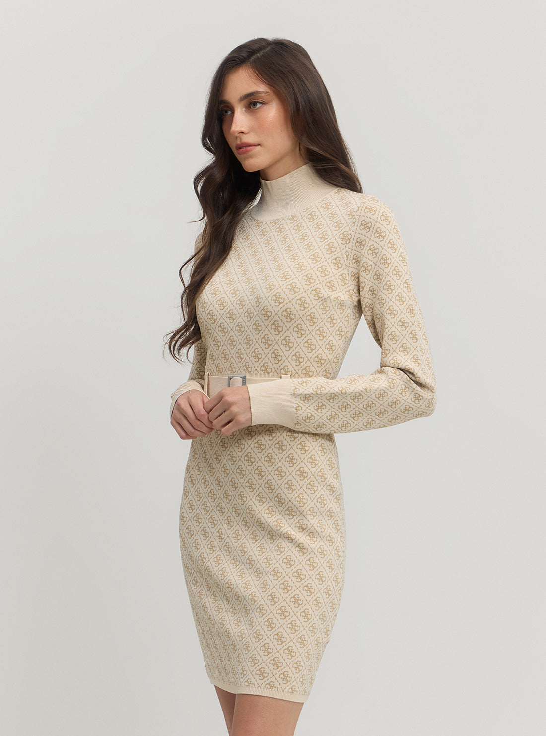 Beige Logo Belted Knit Midi Dress for Women - Elegant Casual Office Wear & Spring Outfits