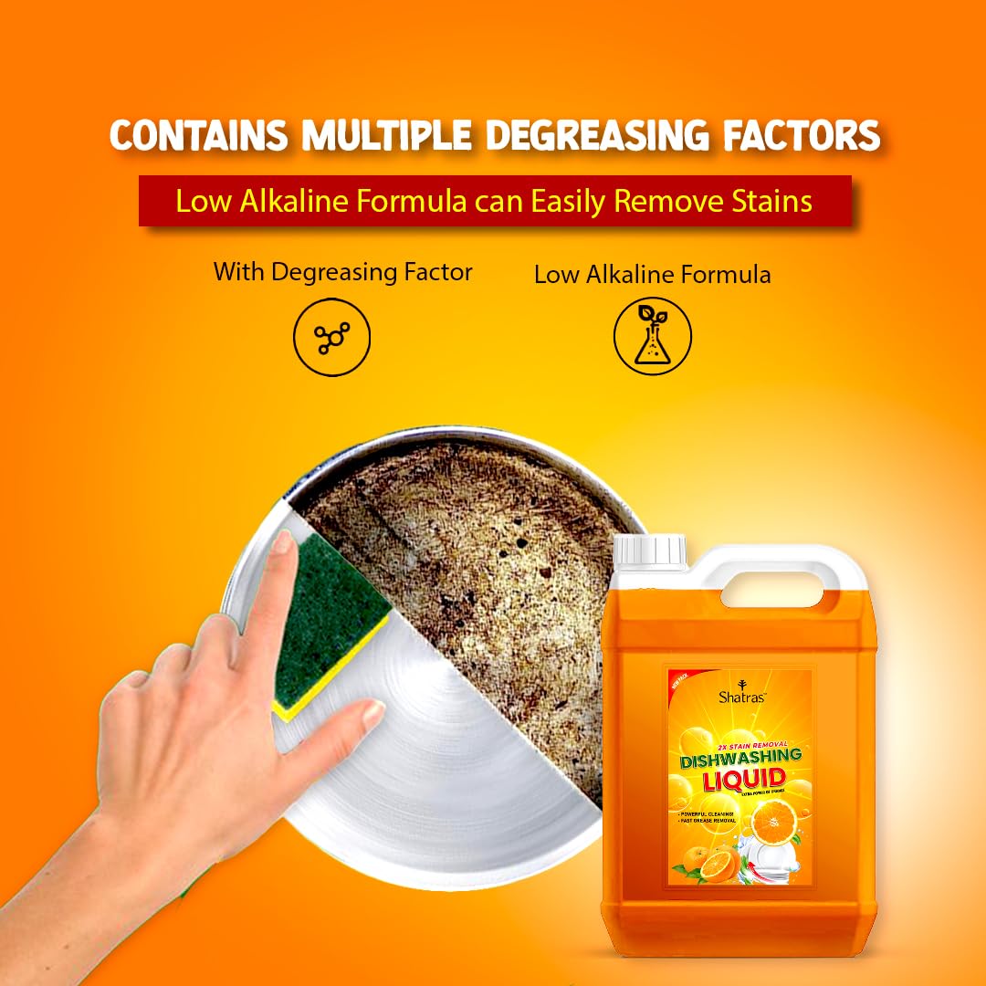 Shatras Orange Dishwashing Liquid Gel - 5L Heavy Duty Kitchen Cleaner for Grease & Oil Removal | Dishwasher Safe, Multi-Surface Detergent for Pots, Pans & Utensils | Ideal for Home, Restaurant & Commercial Use
