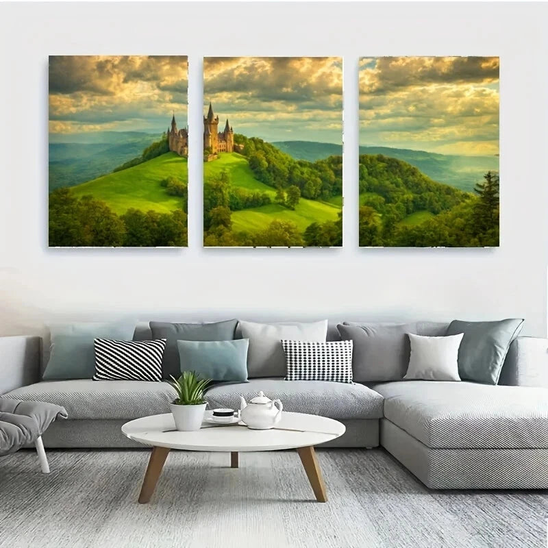 3-Piece White Wolf Metal Print Art - Castle on Hill Wall Decor - Ready to Hang for Living Room, Bedroom & Office