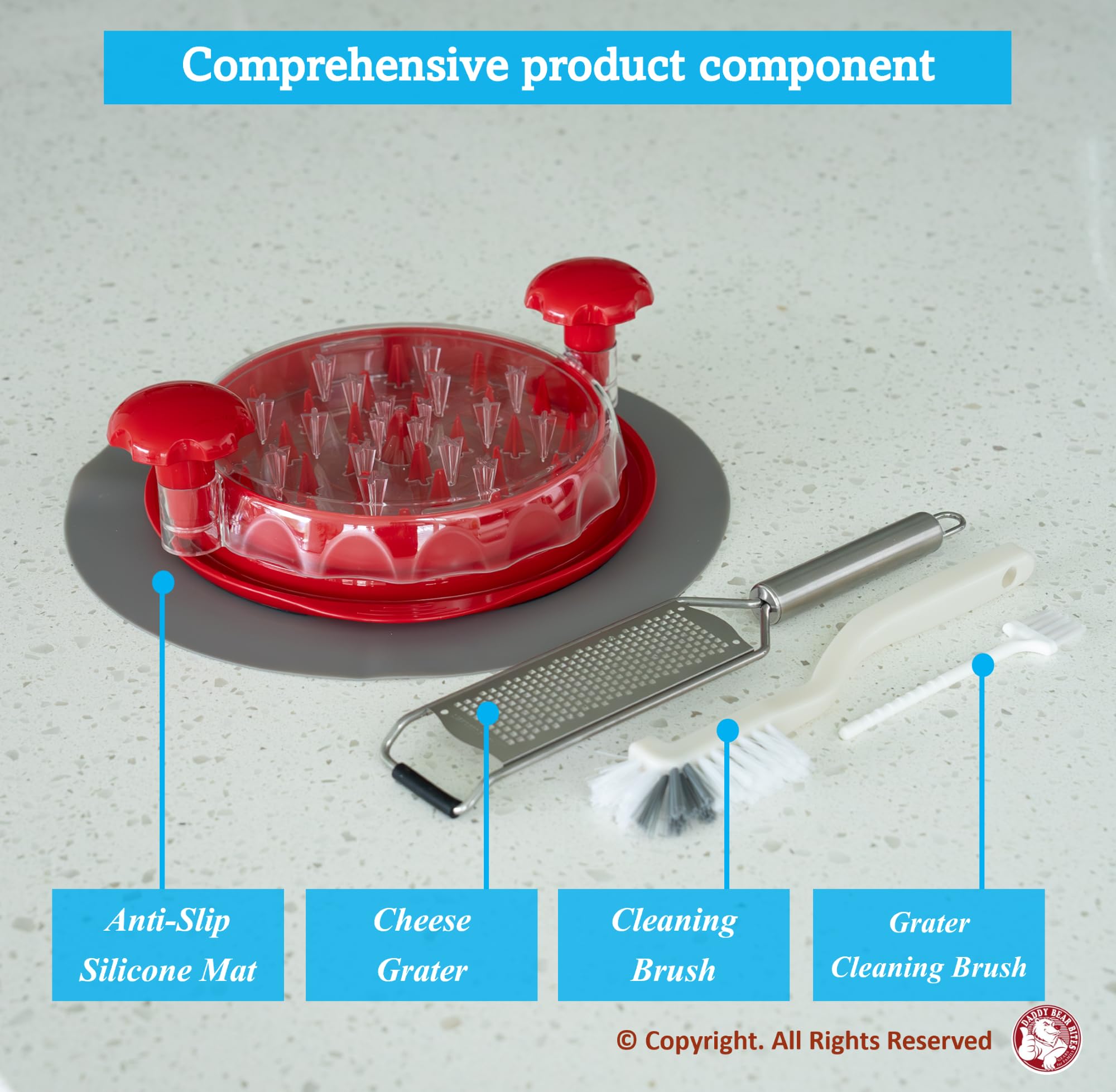 Premium Meat Shredder Tool Set - Heavy Duty Chicken Shredder with Grill Attachment, Cleaning Brush, Non-Slip Mat & Cheese Grater - Perfect for Pulled Pork, Chicken, Beef & Vegetables - Ideal for BBQ, Meal Prep & Home Cooking