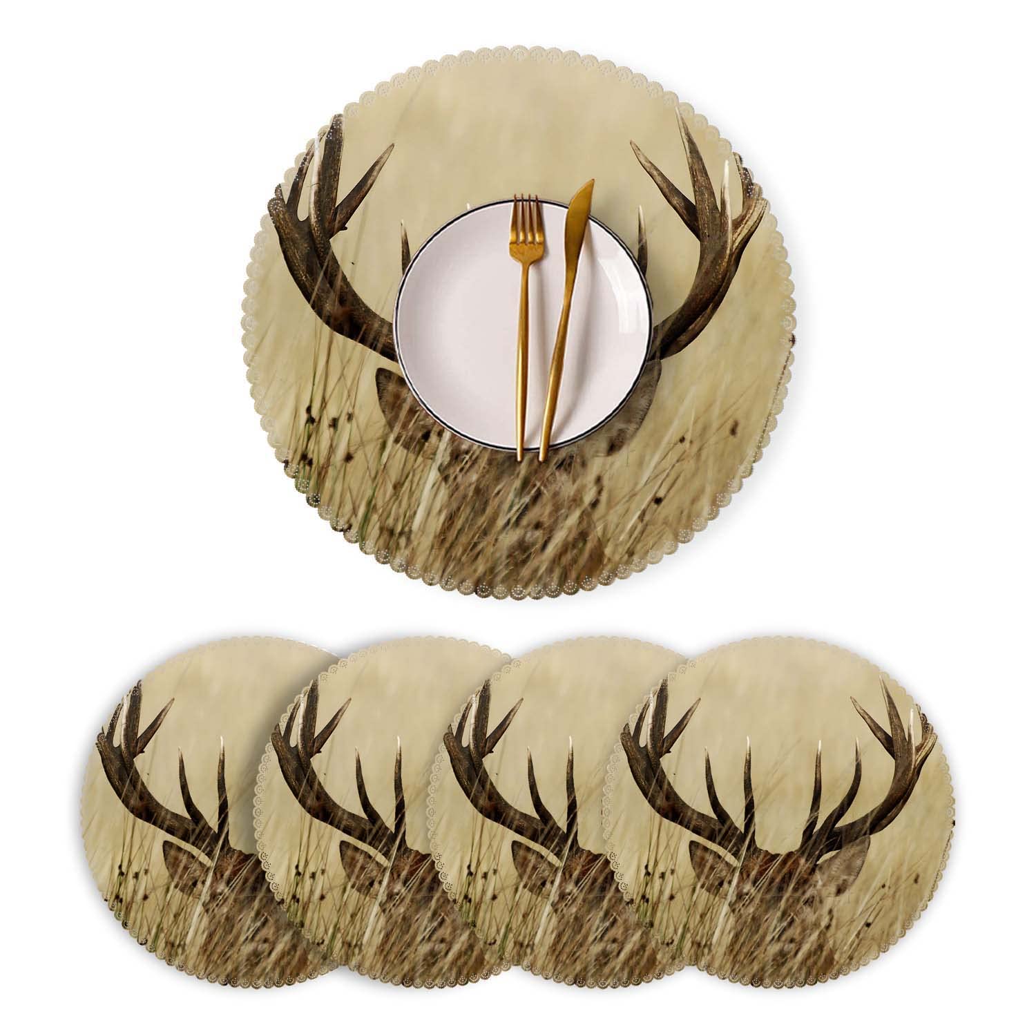 Round Heat-Resistant Washable Polyester Placemats Set of 4 - Wild Deer Antlers Design for Kitchen & Dining Table Decor | Perfect for Holiday Dinners, Family Gatherings, and Everyday Use