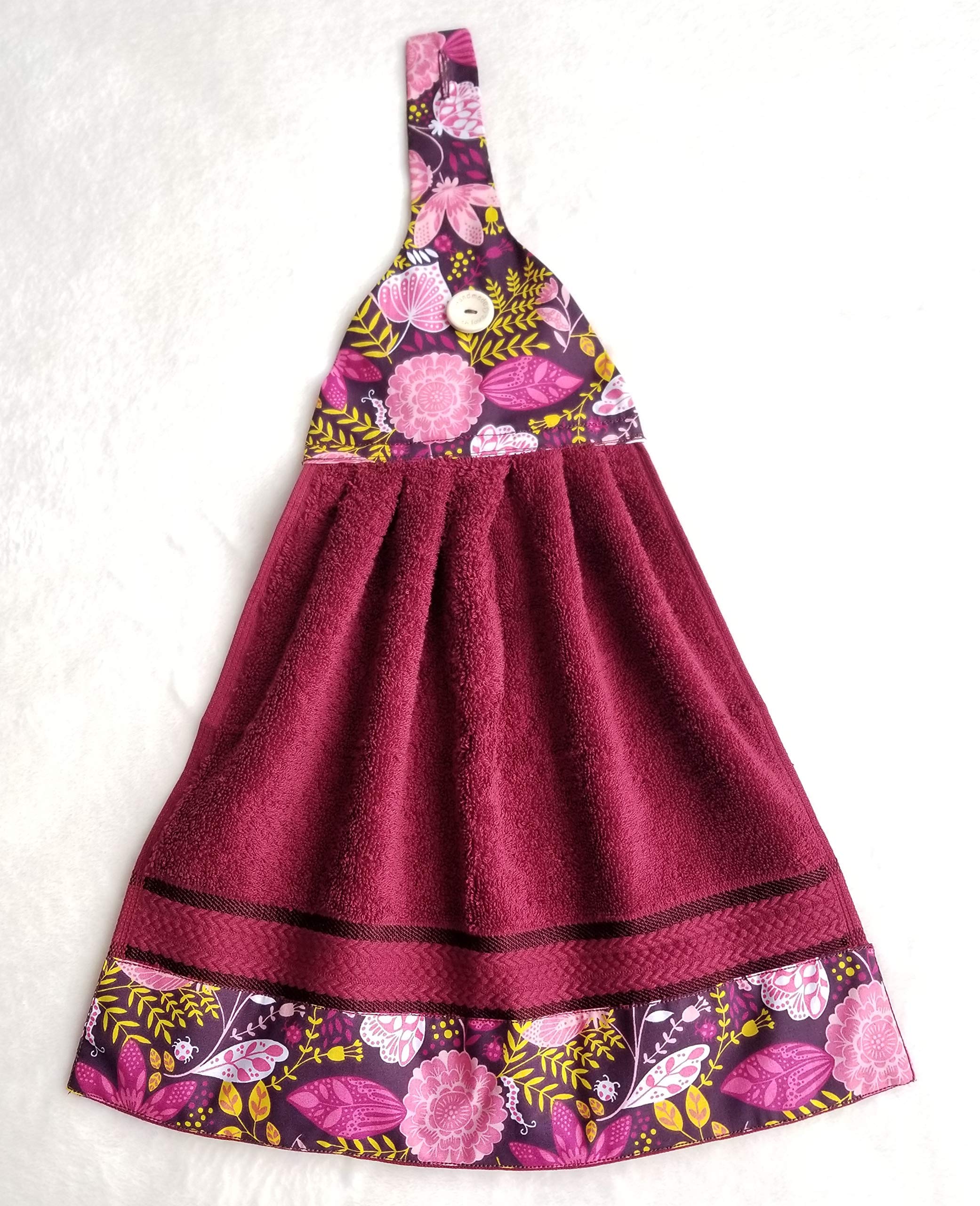 Burgundy Floral Kitchen Hanging Towel - Absorbent Oven Mitt & Wine Glass Drying Cloth - Perfect for Baking, Cooking & Dish Drying