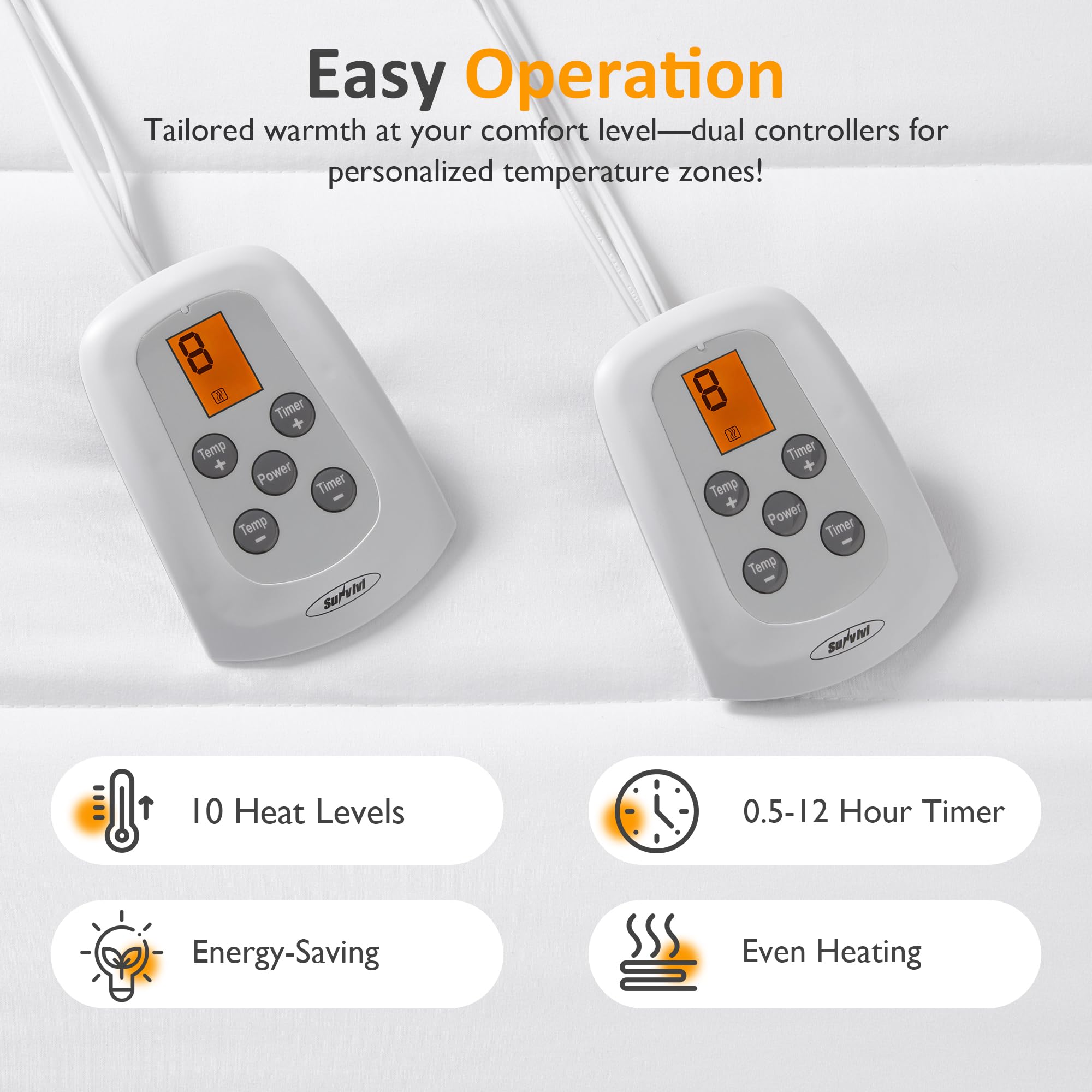Sunvivi Queen Size Heated Mattress Pad - Electric Bed Warmer with 12-Hour Timer & 10 Heat Settings, Dual Controller, Machine Washable (60