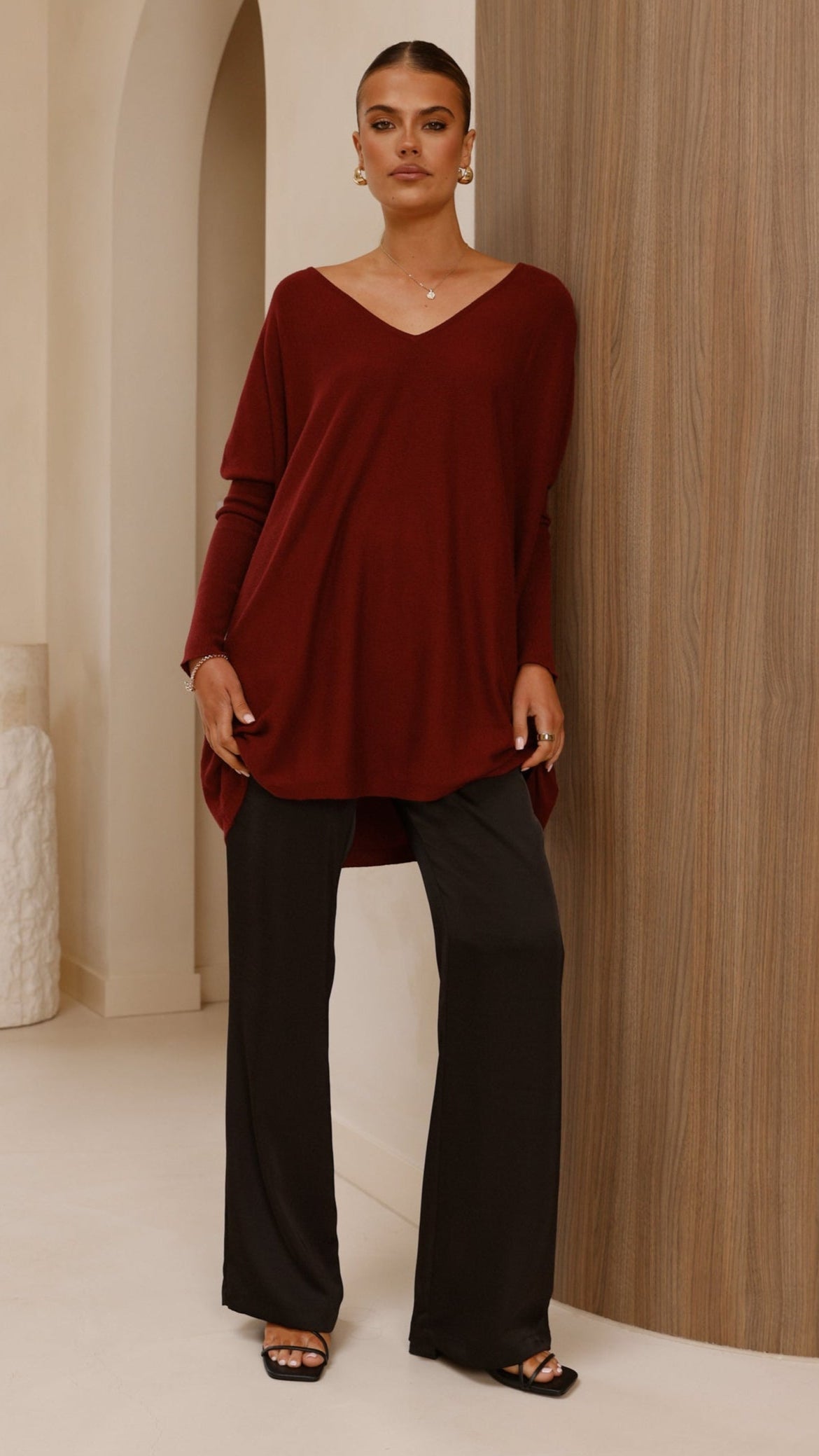 Amalia Knit Top Women's Burgundy V-Neck Long Sleeve Casual Blouse for Work & Everyday Wear
