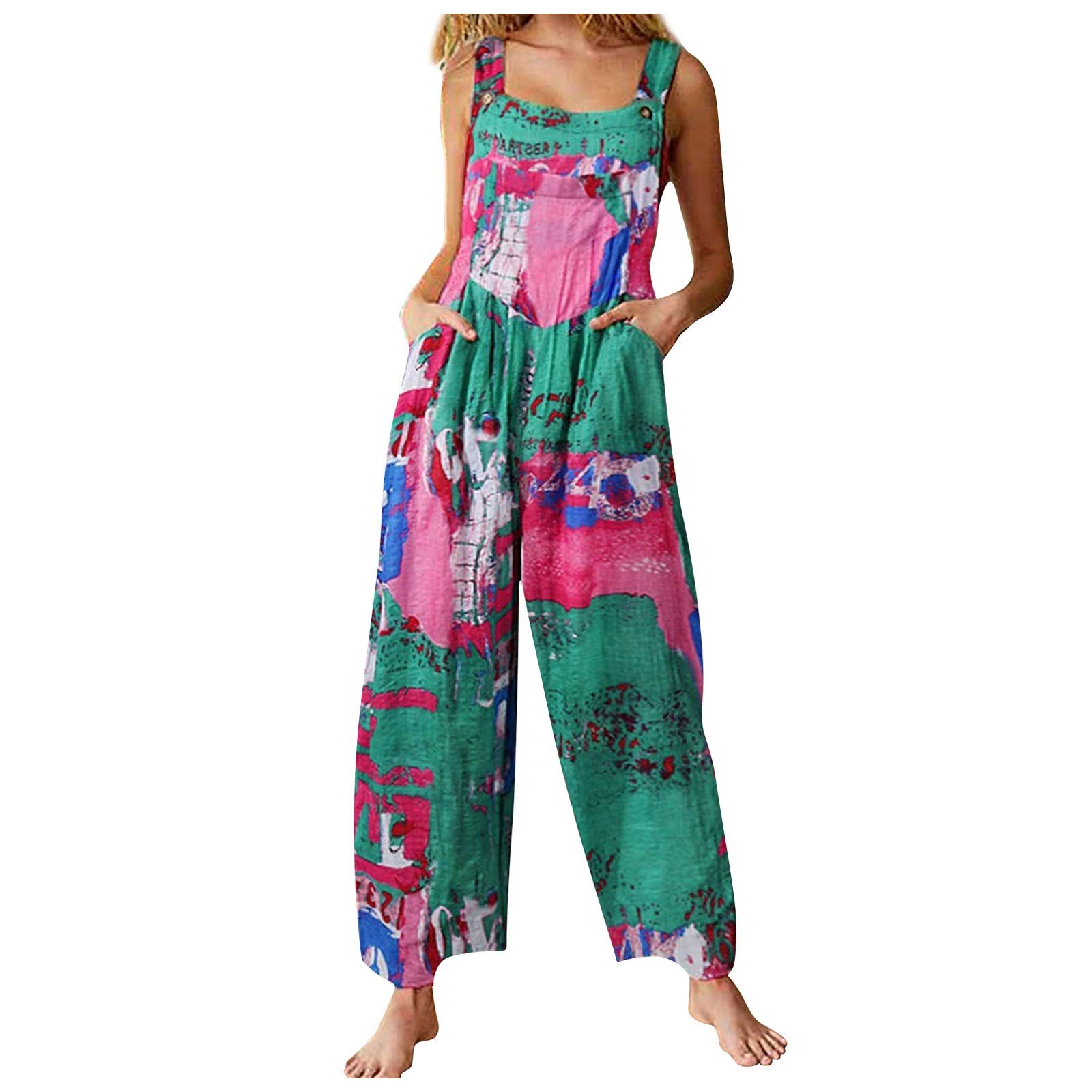 Vintage Printed Women's Wide Leg Jumpsuit - Casual Suspender Bib Overalls with Pockets | Baggy Romper for Everyday Wear, Street Style & Retro Fashion