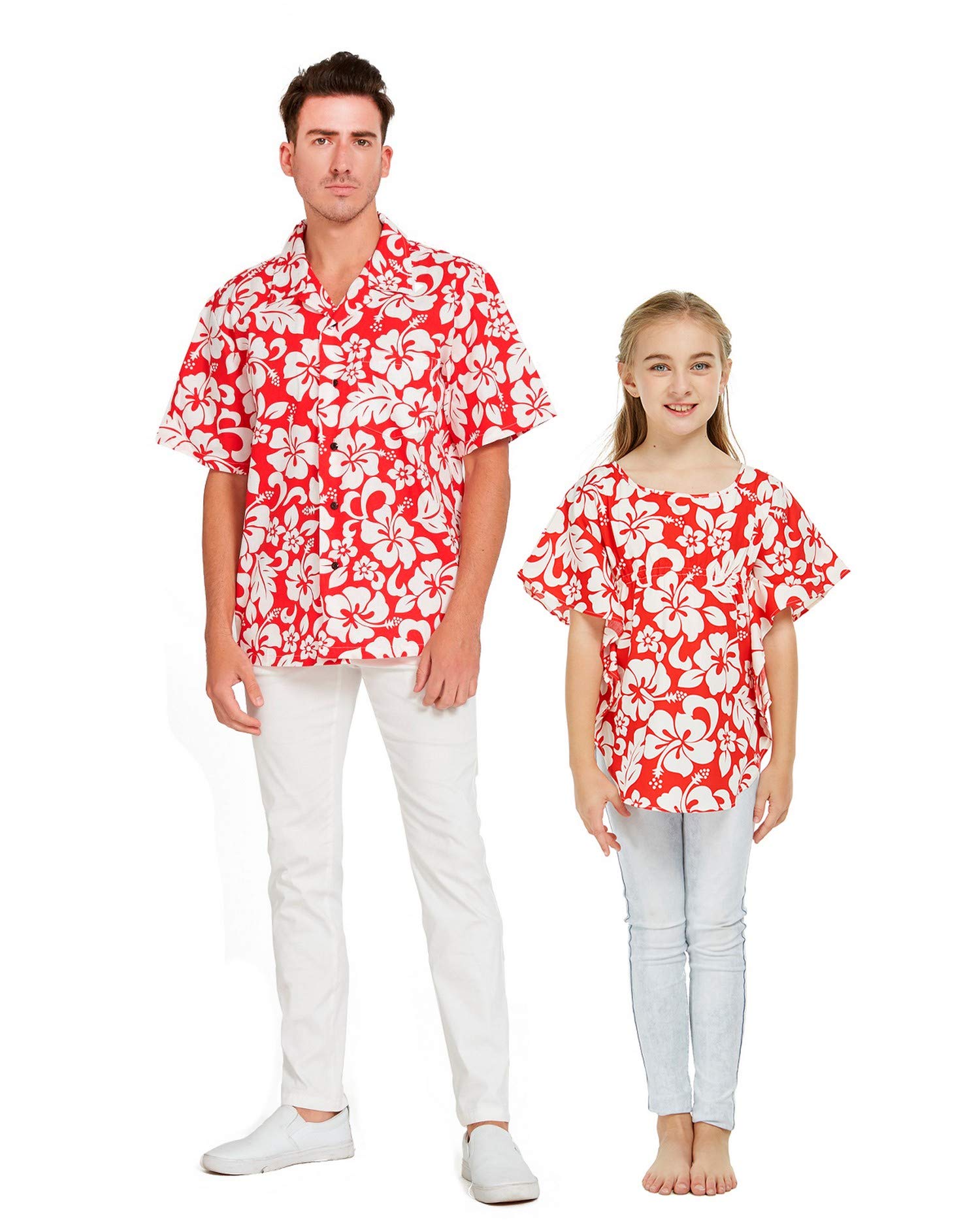Father Daughter Matching Hawaiian Dance Shirts - Classic Blue Hibiscus Print Aloha Shirts & Poncho Tops for Luau Parties, Hula Performances and Family Vacations