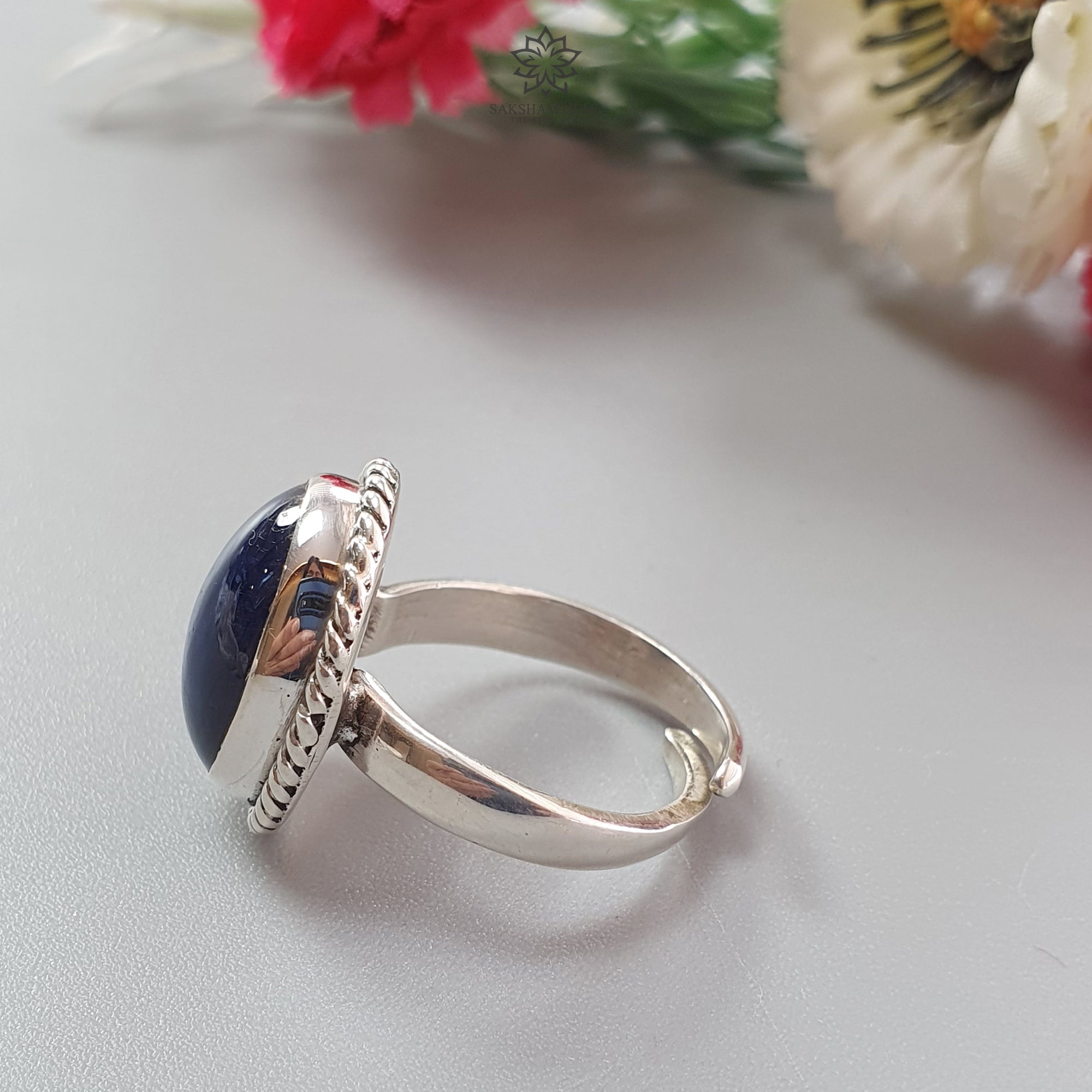 Natural Blue Sapphire Silver Ring - 8.13gms Untreated Oval Cabochon in 925 Sterling Silver Bezel Setting, Adjustable Size for Women | Perfect for Engagement, Wedding & Everyday Elegant Jewelry