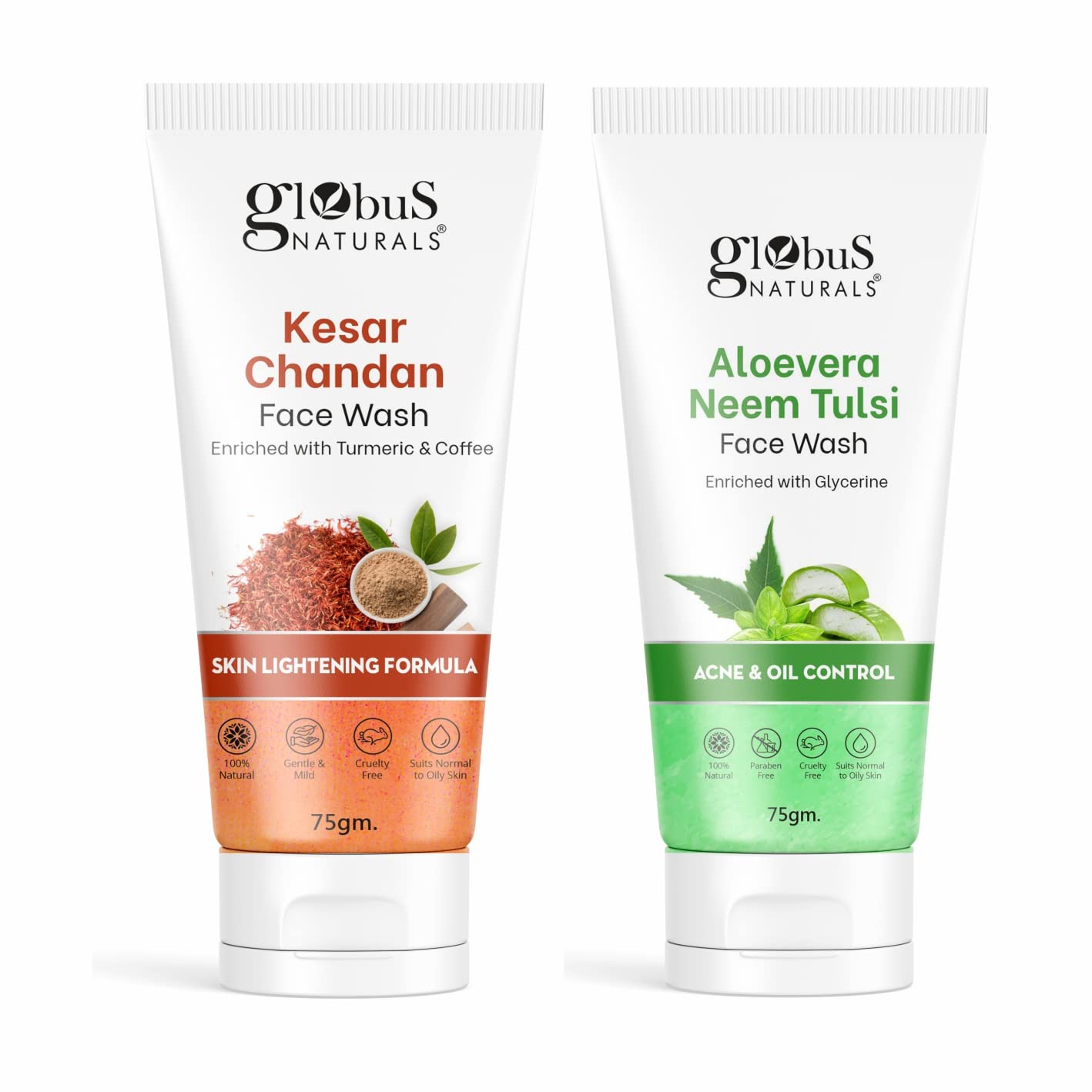 Globus Naturals Brightening & Anti-Acne Face Wash Combo Set of 2 - Aloe Vera Neem Tulsi & Kesar Chandan Face Wash (75g Each) for Clear, Glowing Skin | Daily Skincare Routine for Oily & Acne-Prone Skin