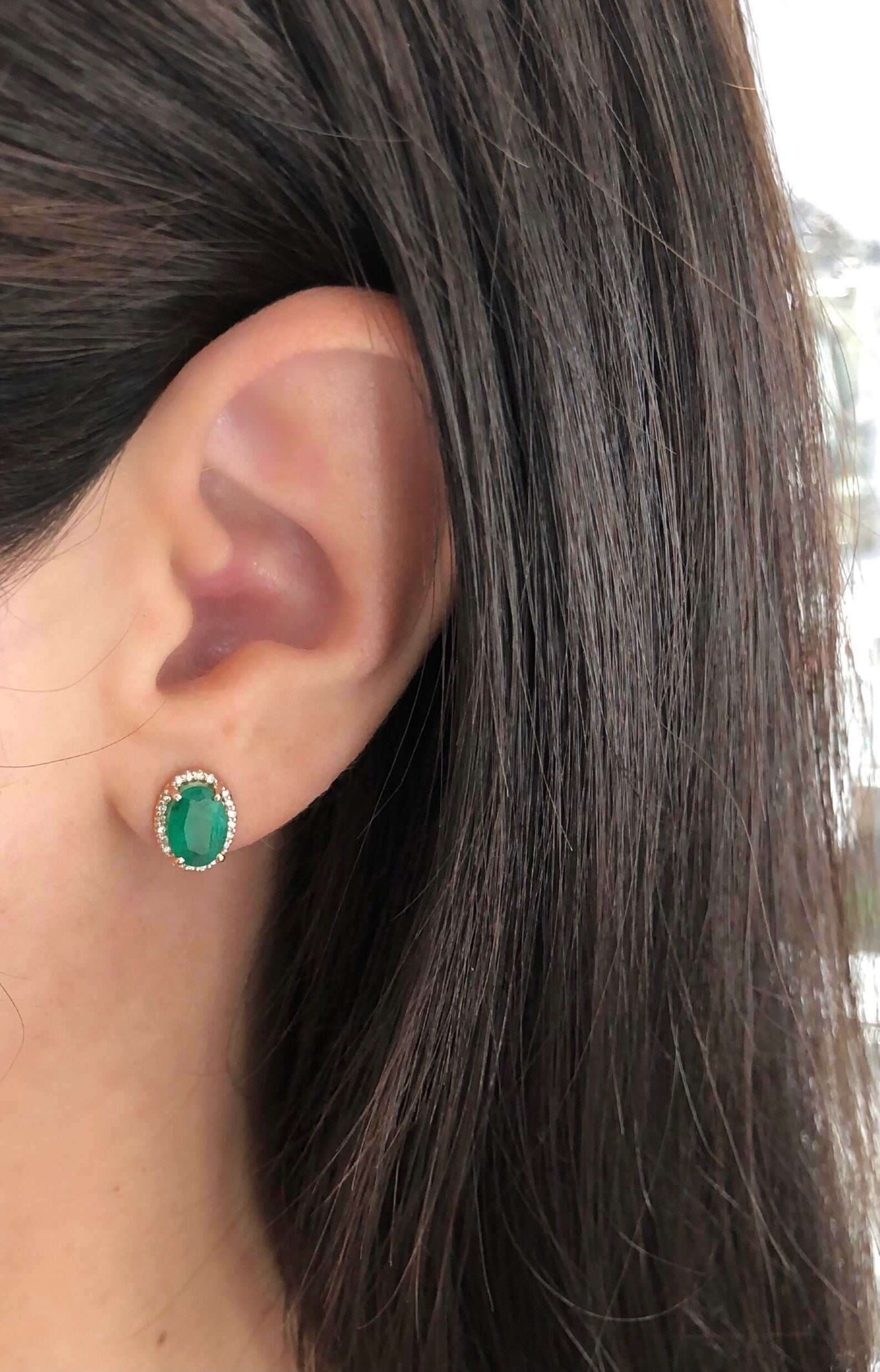 2.10tcw Oval Cut Dark Green Emerald & Diamond Halo 14K Rose Gold Stud Earrings for Women | Luxury Bridal Jewelry, Anniversary Gift, Evening Party Accessories