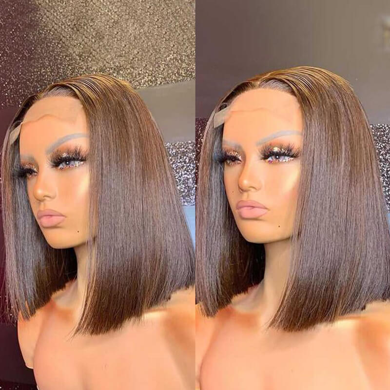 Eullair Short Bob Wigs 13x4 Lace Front Human Hair Wig - Pre-Colored Burgundy Highlight Straight Hairpiece for Women | Perfect for Daily Wear, Cosplay & Special Occasions