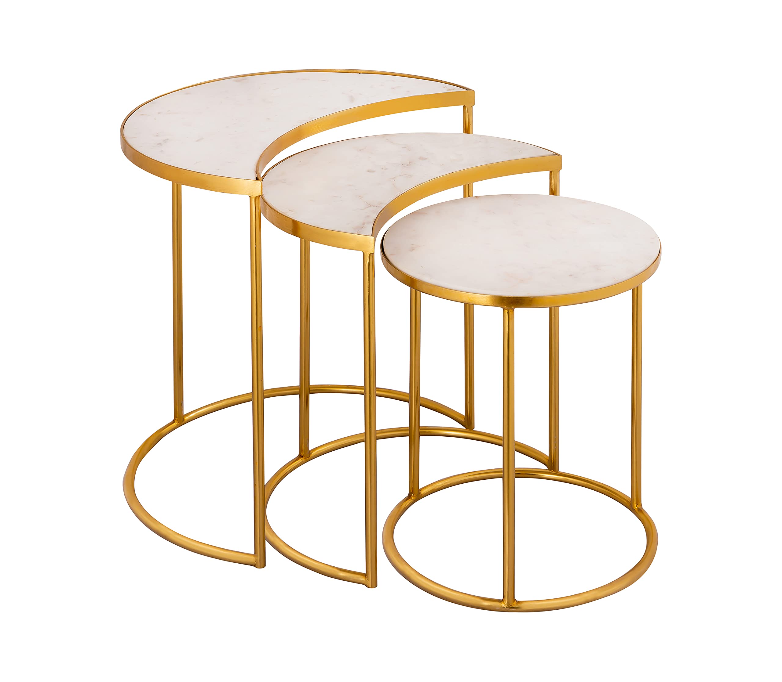 Tov Furniture 3-Piece Nesting Tables with Crescent Marble Top & Gold Metal Legs - Modern Living Room Side Tables for Small Spaces, Coffee Table Set for Apartments & Home Decor