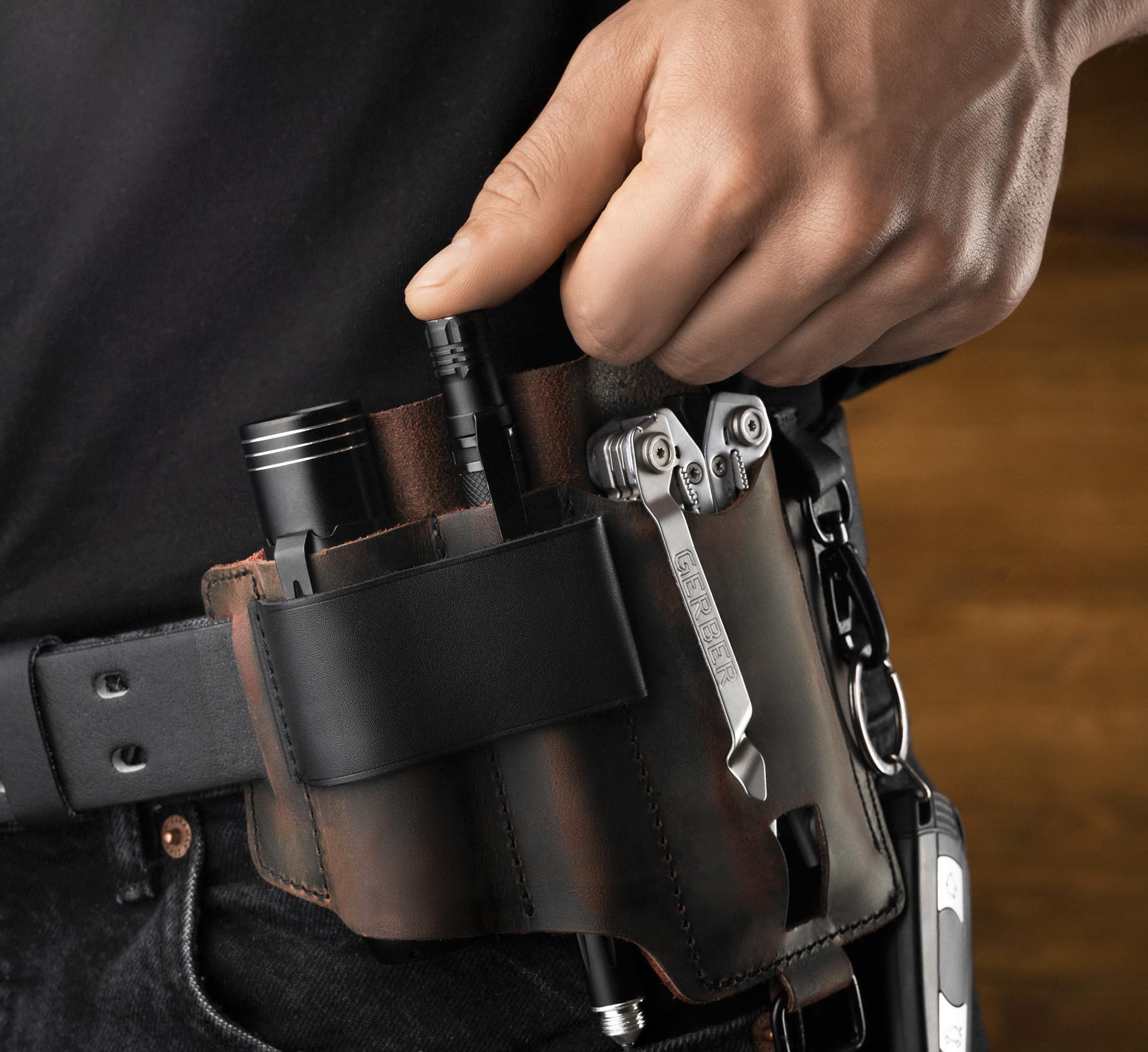 EDC Multitool Sheath for Belt - Compact Knife & Flashlight Holster - Leatherman Sheath for Men - Handmade Leather EDC Organizer - Belt Pouch for Work & Outdoor - Perfect for Camping, Hiking & Everyday Carry - CatchandCraft