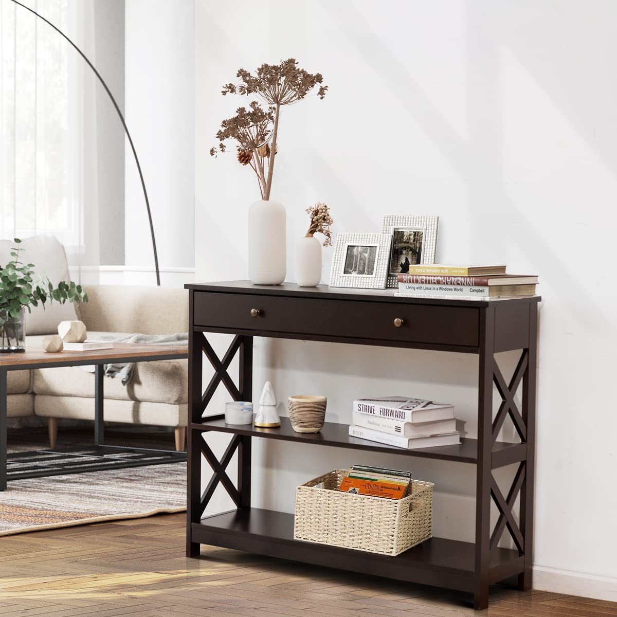 Giantex 3-Tier Console Table with Drawer & Storage Shelves - X-Design Entryway Table for Hallway, Living Room & Bedroom - Sofa Side Table in Espresso Finish | Perfect for Small Space Organization & Home Decor