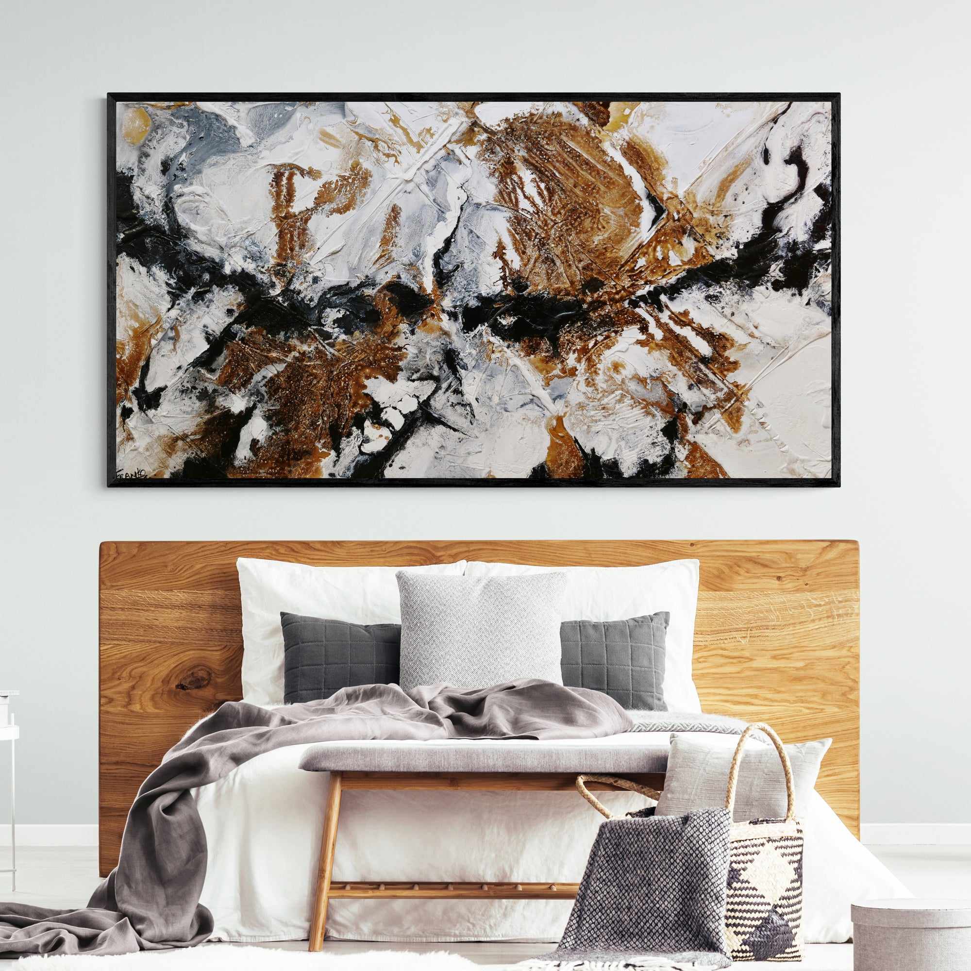 Rusted Black Ice Abstract Painting - 190cm x 100cm White & Black Textured Wall Art for Modern Home Decor | Living Room, Bedroom, Office Wall Decor