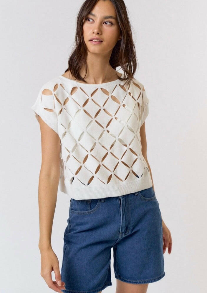 Off White Cut Out Detail Sweater Top for Women - Trendy Knit Pullover for Casual Outings, Date Nights & Fall Layering