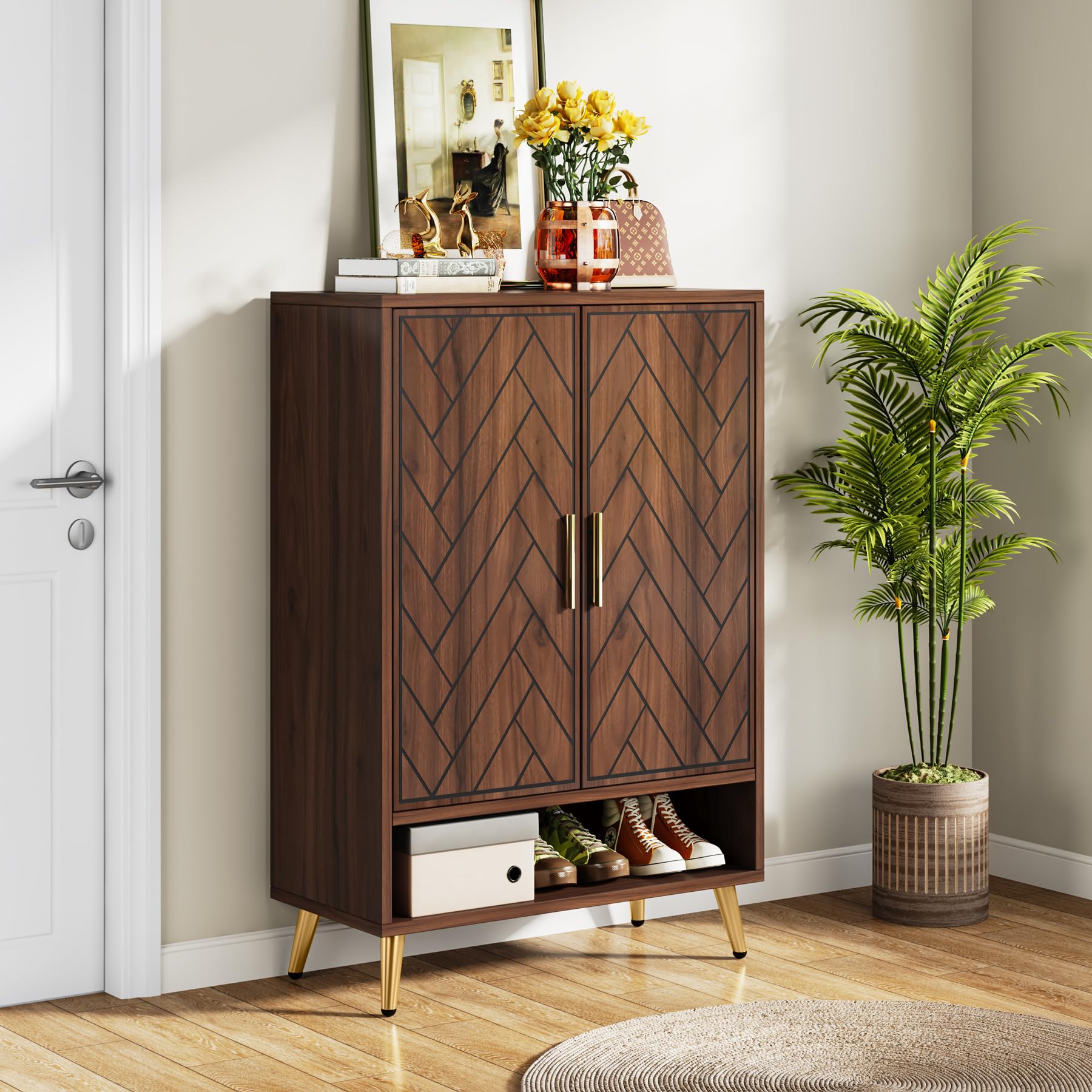Tribesigns 6-Tier Wooden Shoe Storage Cabinet with Doors - Holds 24 Pairs of Shoes, Adjustable Shelves for Entryway, Living Room & Bedroom - Walnut Finish with Gold Legs - Perfect for Small Space Organization & Home Decor
