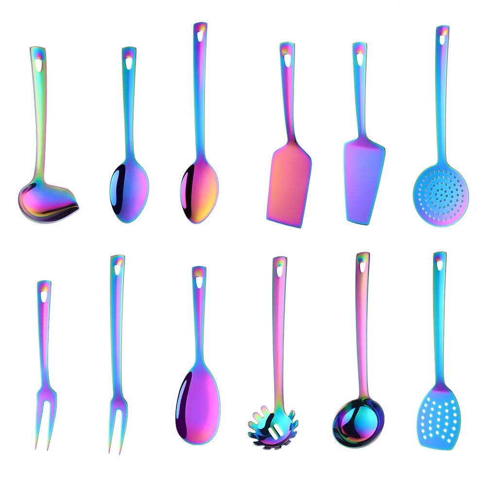 BuyGo 12-Piece Stainless Steel Kitchen Utensil Set - Rainbow Cooking Tools with Hanging Loop, Mirror Polish & Dishwasher Safe - Perfect for Baking, Cooking & Kitchen Organization