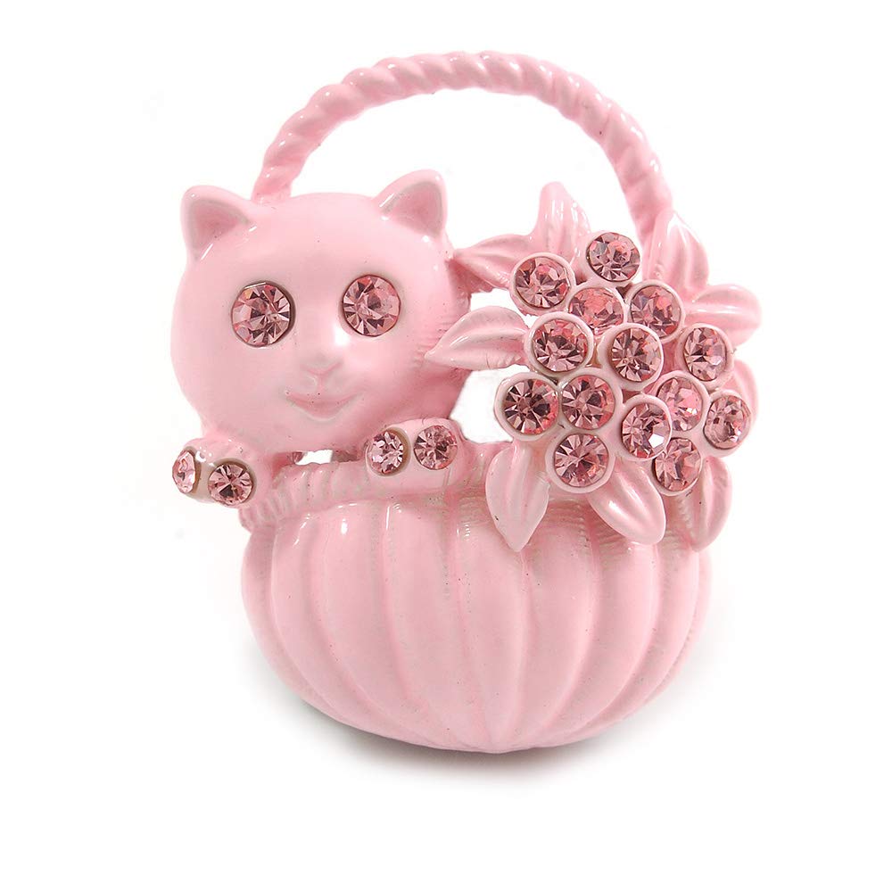 Pink Kitten In The Basket Crystal Brooch - Elegant Cat Jewelry Pin for Women, Gift for Cat Lovers - Perfect for Blazers, Scarves & Handbag Decoration